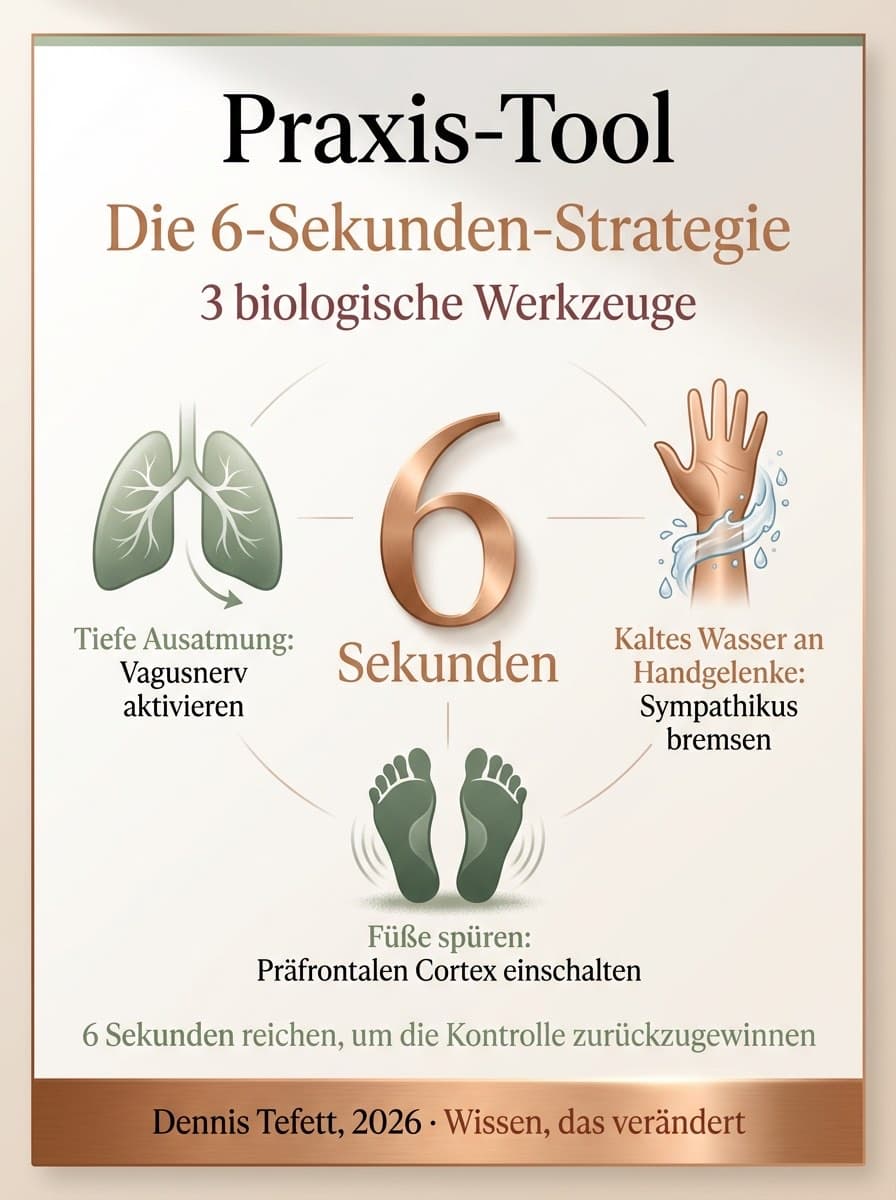 Infografik: Die 6-Sekunden-Strategie gegen den Amygdala Hijack. Atemtechnik, Affect Labeling und physiologischer Seufzer