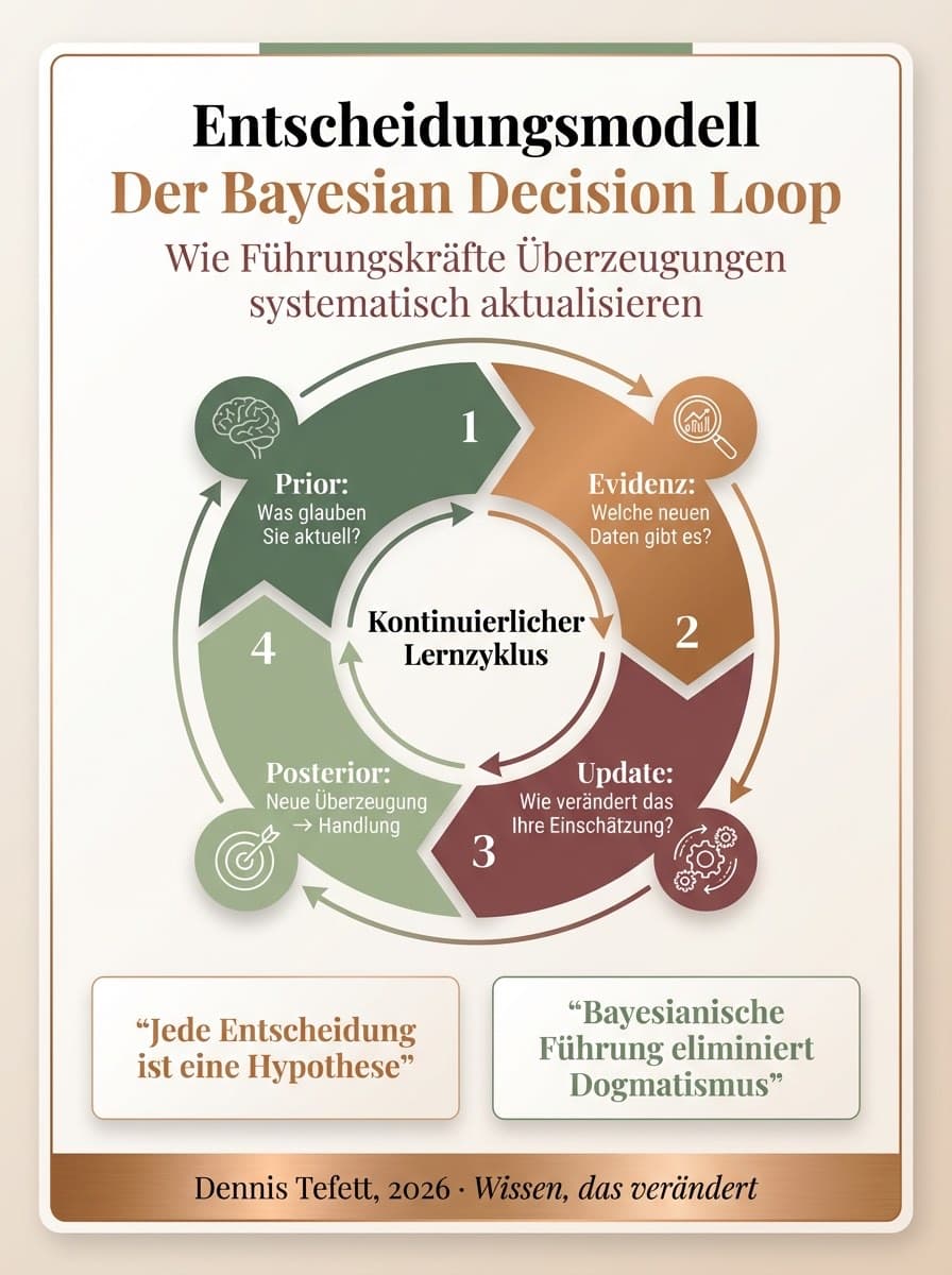 Infografik Bayesian Decision Loop: 5 Schritte von Prior formulieren über Evidenz sammeln bis zur Feedback-Schleife. Praktisches Entscheidungsframework.