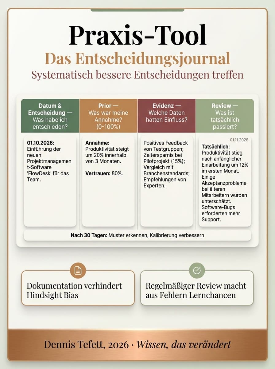 Infografik Entscheidungsjournal: Vorlage zur kontinuierlichen Verbesserung der Entscheidungsqualität. Prior, Evidenz, Entscheidung, Ergebnis, Lerneffekt.