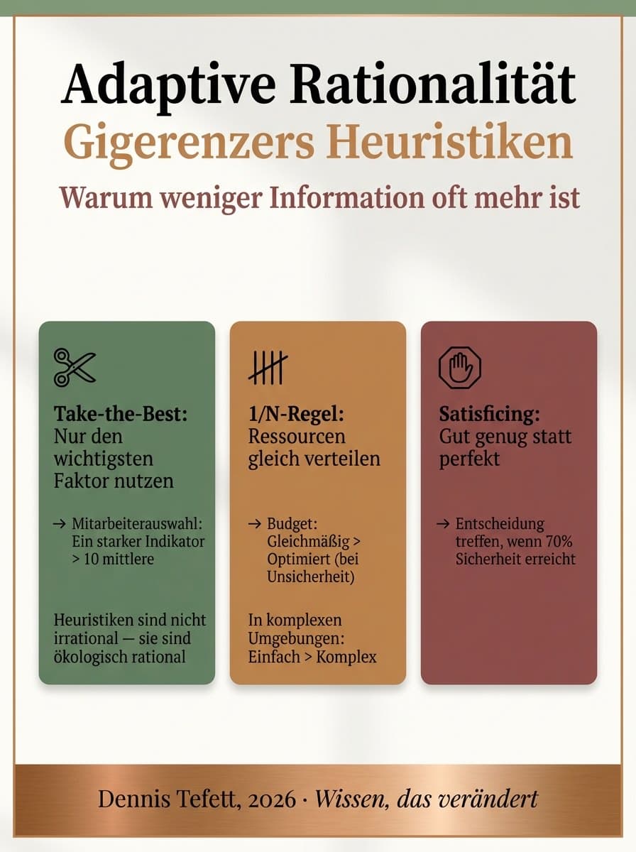 Infografik Gigerenzers Fast-and-Frugal Heuristiken: Wann einfache Heuristiken komplexe Analysen schlagen. Ökologische Rationalität nach Max-Planck-Institut.