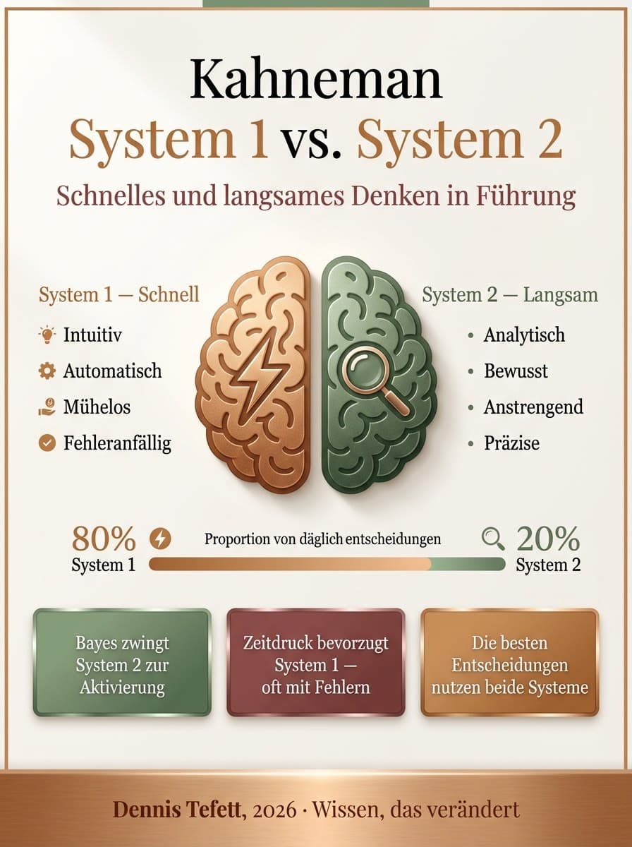 Infografik System 1 vs. System 2 nach Kahneman: Schnelles intuitives Denken gegen langsames analytisches Denken unter Unsicherheit.