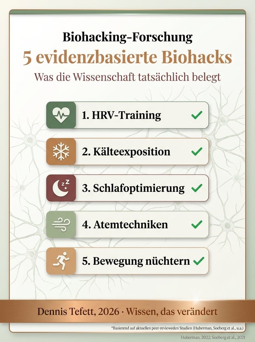 Infografik: Herzratenvariabilität (HRV) als Indikator für autonome Nervensystem-Balance. Sympathikus und Parasympathikus im Zusammenspiel, hohe versus niedrige HRV, Vagusnerv-Aktivierung durch Biohacking Methoden. Dennis Tefett Coaching Akademie, 2026.
