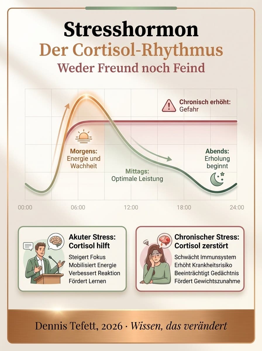 Infografik Cortisol-Kreislauf: Wie chronischer Stress das Gehirn und die Entscheidungsfähigkeit beeinflusst.
