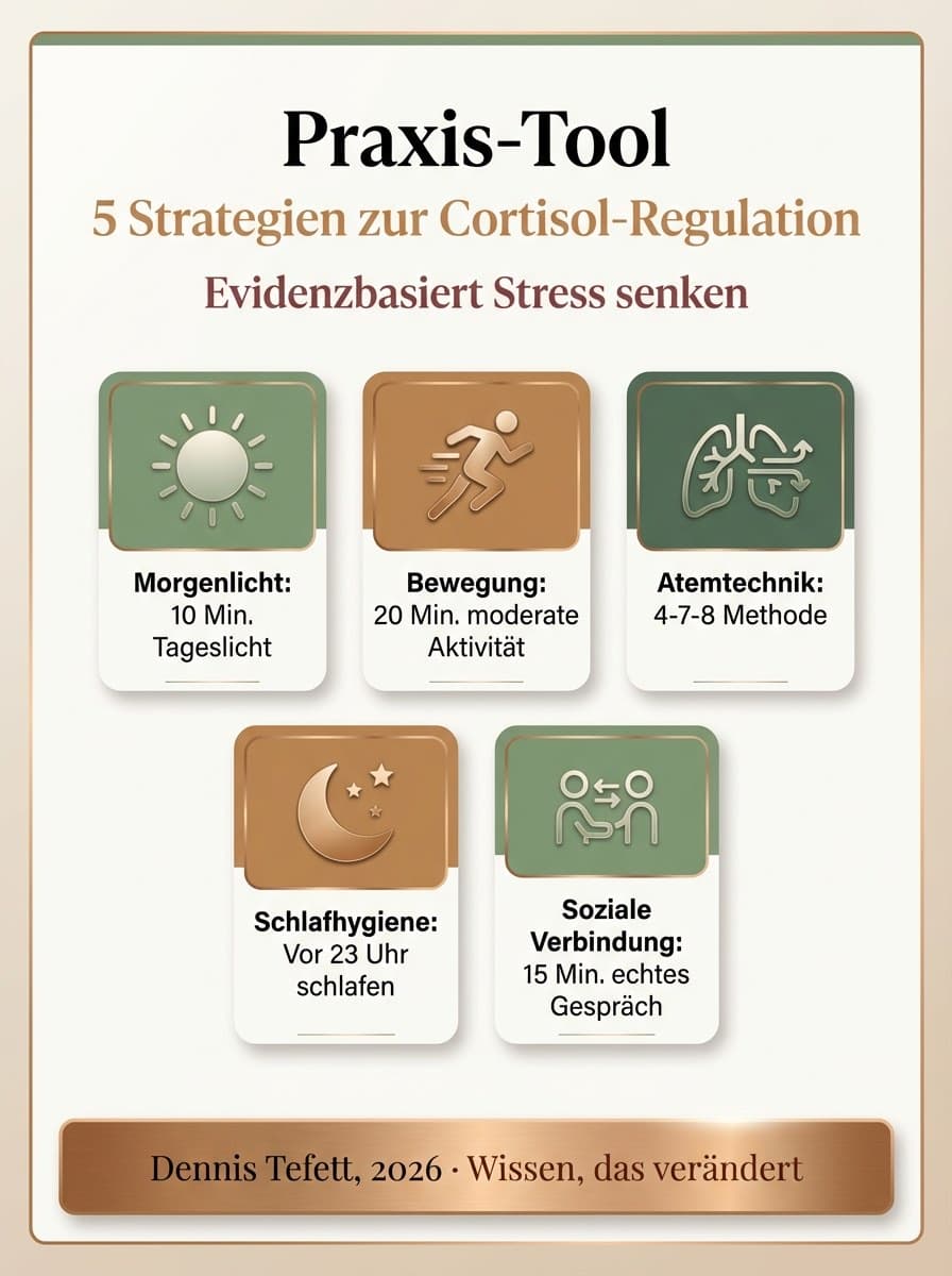 Infografik Strategien zur Cortisol-Regulation für Führungskräfte und nachhaltige Stressbewältigung.