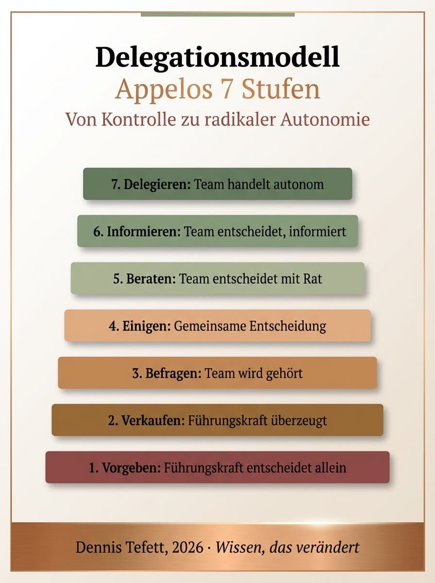 Infografik Sieben Stufen der Delegation: Vom Kontrollbedürfnis zur echten Führungsautonomie.