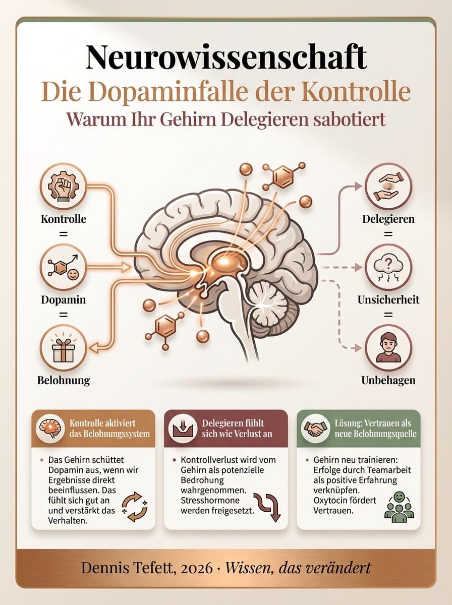 Infografik Neurowissenschaftliche Grundlagen des Kontrollverlusts und Delegation in der Führung.