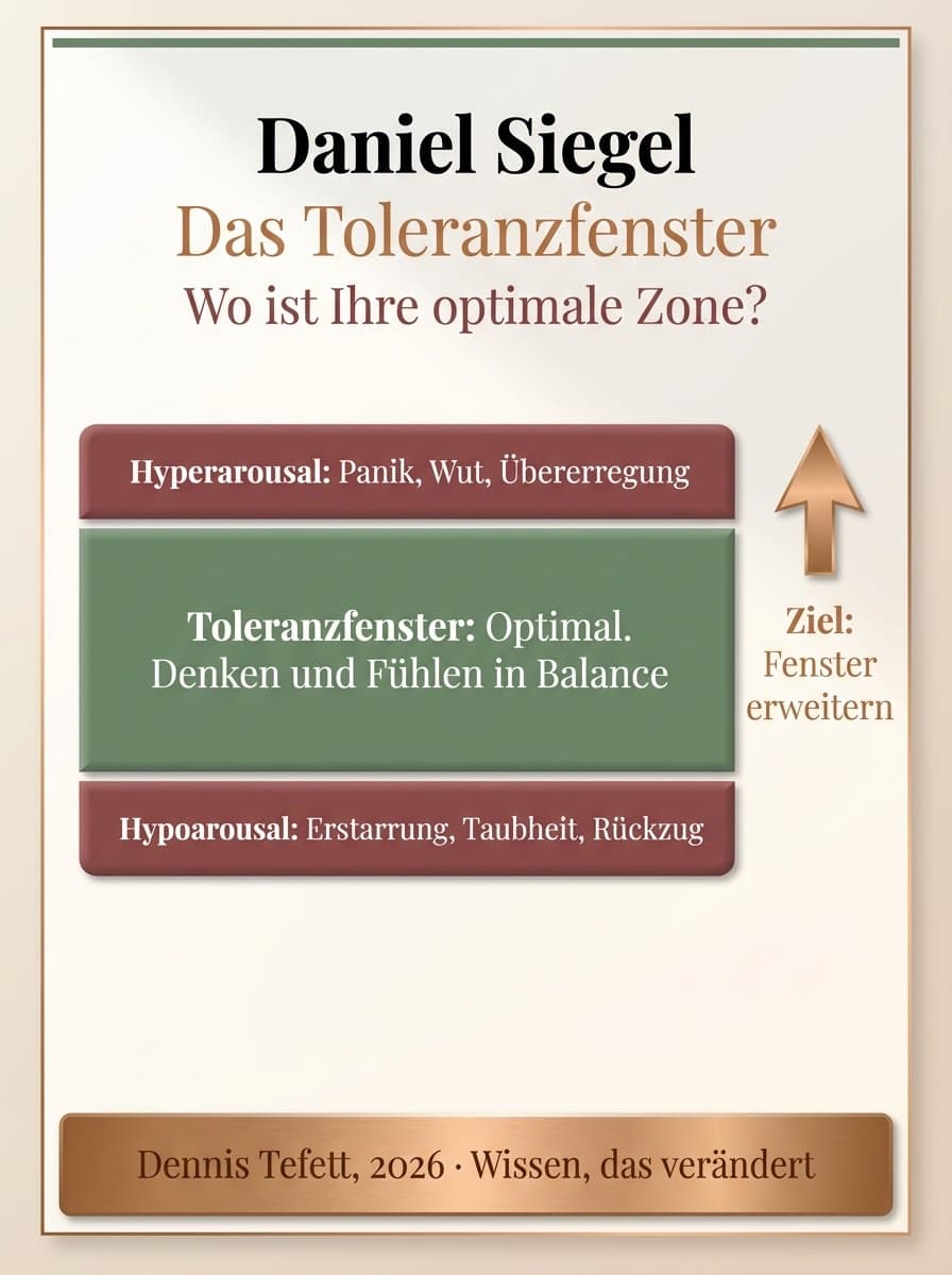 Infografik: Die drei Zonen des Toleranzfensters nach Daniel Siegel. Hypererregung, Optimalzustand und Untererregung im Nervensystem