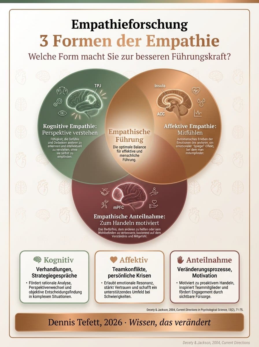 Infografik: Drei Formen der Empathie im Gehirn mit aktivierten Hirnregionen und Auswirkungen auf die Führungsarbeit