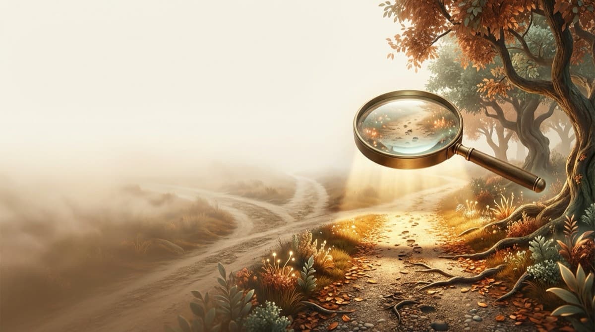 Führungskraft an einer Weggabelung mit leuchtenden Entscheidungspfaden, symbolisch für kognitive Verzerrungen und bewusste Entscheidungsfindung