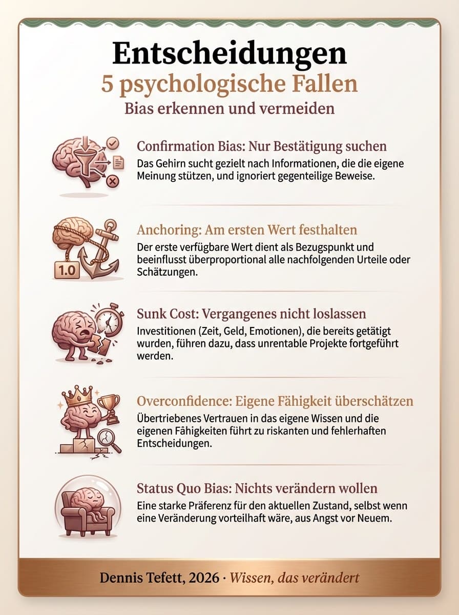Infografik: Die drei wichtigsten kognitiven Verzerrungen im Führungsalltag mit Bestätigungsfehler, Verfügbarkeitsheuristik und Ankereffekt