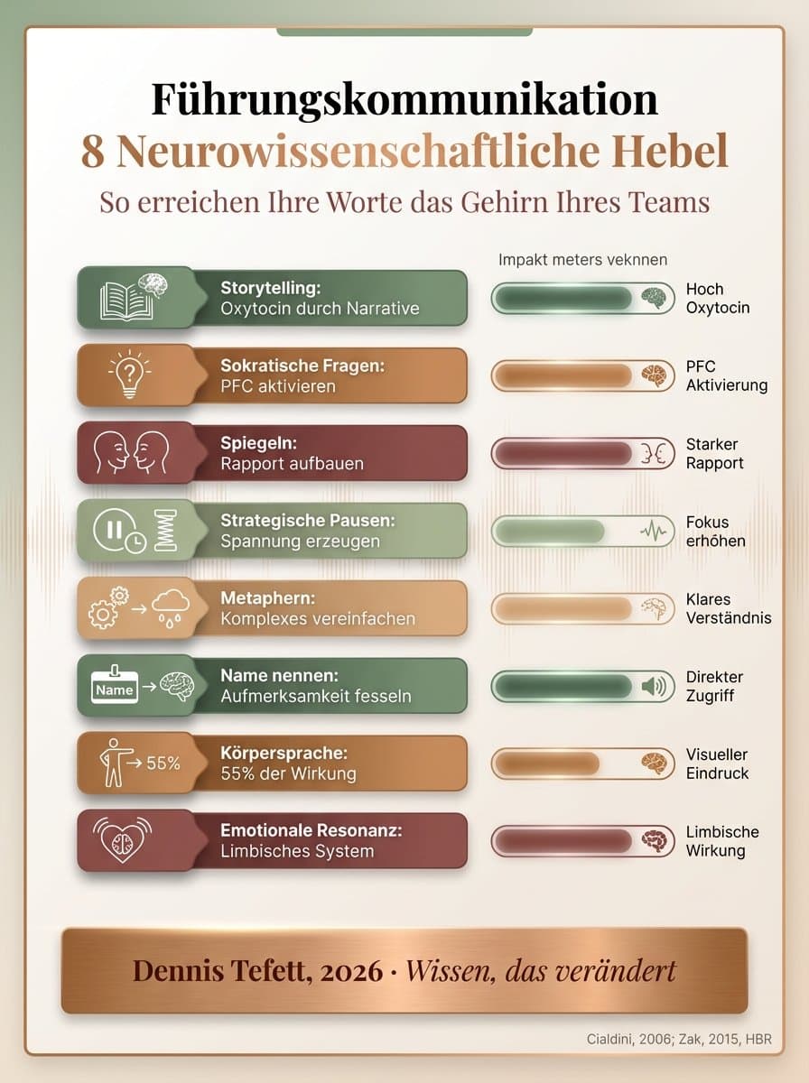 Infografik: Die neurobiologische Wirkung von Führungskommunikation auf Cortisol, Oxytocin und Dopamin im Team