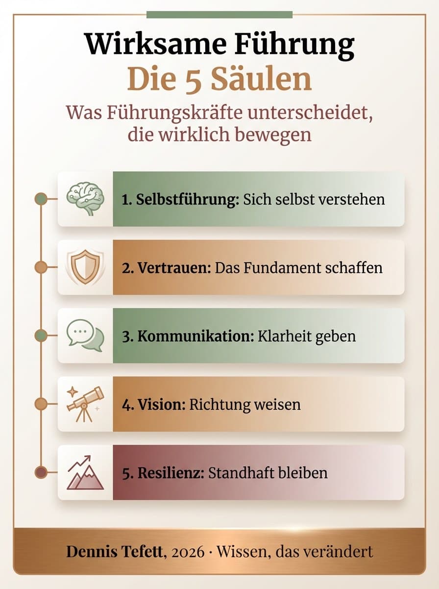 Infografik Die fünf Säulen der Führung: Selbstführung, Beziehung, Kommunikation, Entscheidung und Vision.