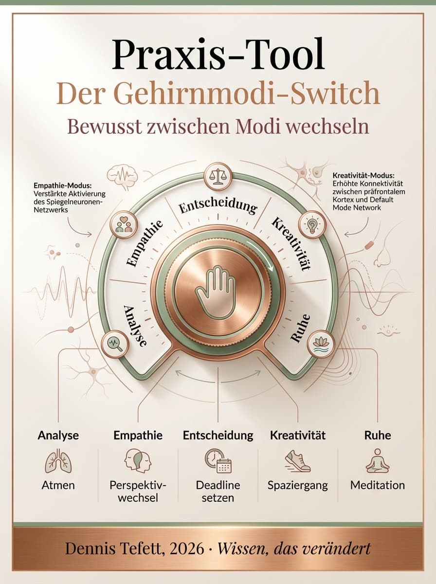 Infografik Strategisches Umschalten zwischen Gehirnmodi für optimale Führungsentscheidungen.