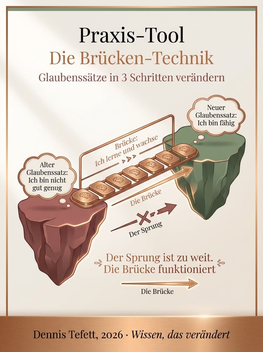 Infografik: Die Brücken-Technik zur Transformation limitierender Glaubenssätze in stärkende Überzeugungen