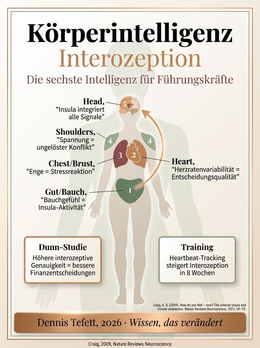 Infografik: Vergleich niedriger und hoher Interozeption bei Führungskräften mit Auswirkungen auf Entscheidungen und Resilienz