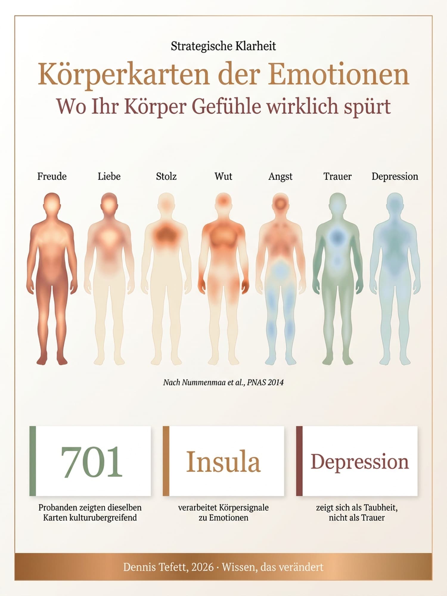 Körperkarten der Emotion: 7 Silhouetten zeigen Freude, Liebe, Stolz, Wut, Angst, Trauer und Depression als thermische Heatmaps. Editorial Bronze-Edition nach Nummenmaa et al. PNAS 2014.