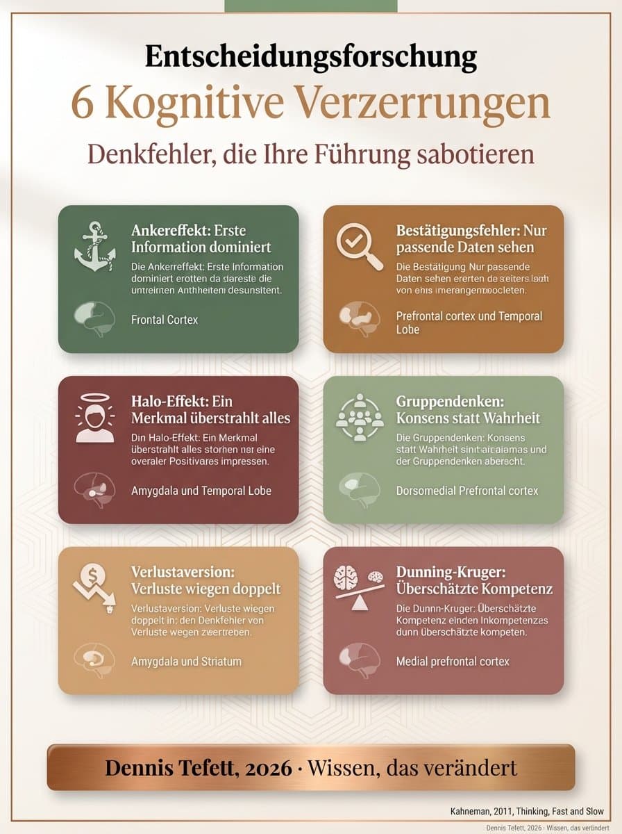 Infografik: Fünf kognitive Verzerrungen in der Führung mit Beispielen aus dem Arbeitsalltag und Gegenstrategien
