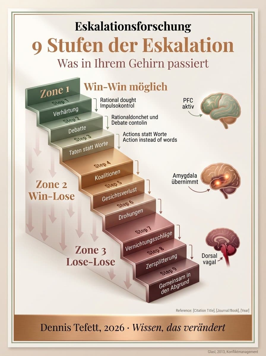 Infografik: Neurologische Kaskade der Konflikteskalation von Stufe 1 bis 3 mit Veränderungen im präfrontalen Kortex