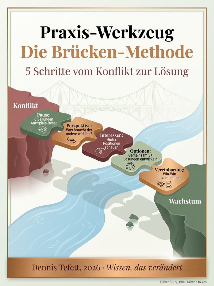 Infografik: Fünf Schritte zur konstruktiven Konfliktlösung von Anerkennung über Interessenklärung bis zur Vereinbarung