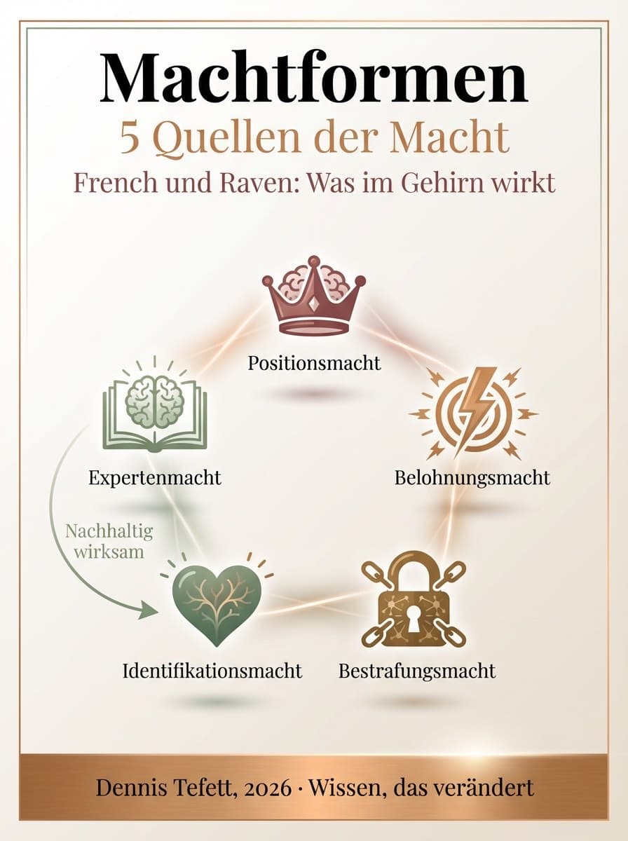 Infografik Formen der Macht nach French und Raven: Position, Expertise, Beziehung und Referenz.