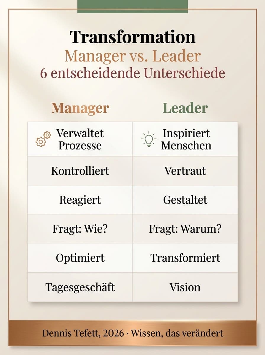 Infografik Manager vs. Leader: Unterschiede in Denkweise, Verhalten und neuronaler Aktivierung.