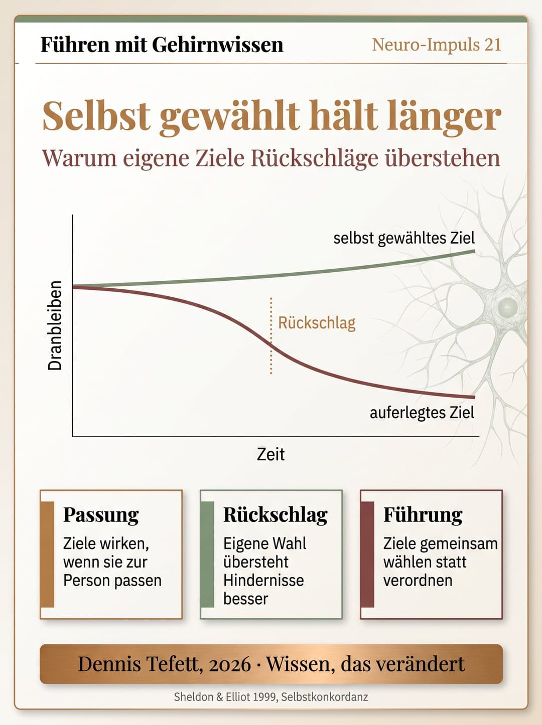Infografik Selbst gewählt hält länger: Ein Liniendiagramm über die Zeit. Die grüne Kurve für ein selbst gewähltes Ziel bleibt hoch, die rote Kurve für ein auferlegtes Ziel sinkt stetig. Nach einer markierten Rückschlag-Linie öffnet sich die Schere deutlich.
