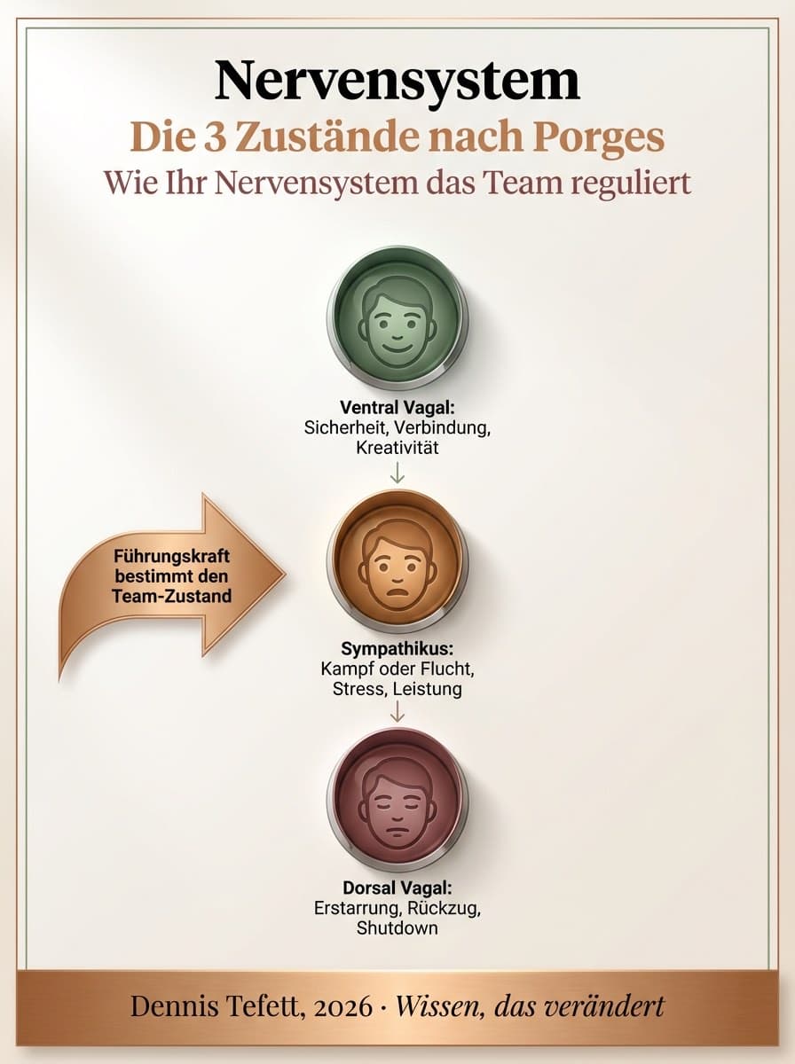 Infografik Polyvagal-Theorie und Führung: Drei Zustände des autonomen Nervensystems.