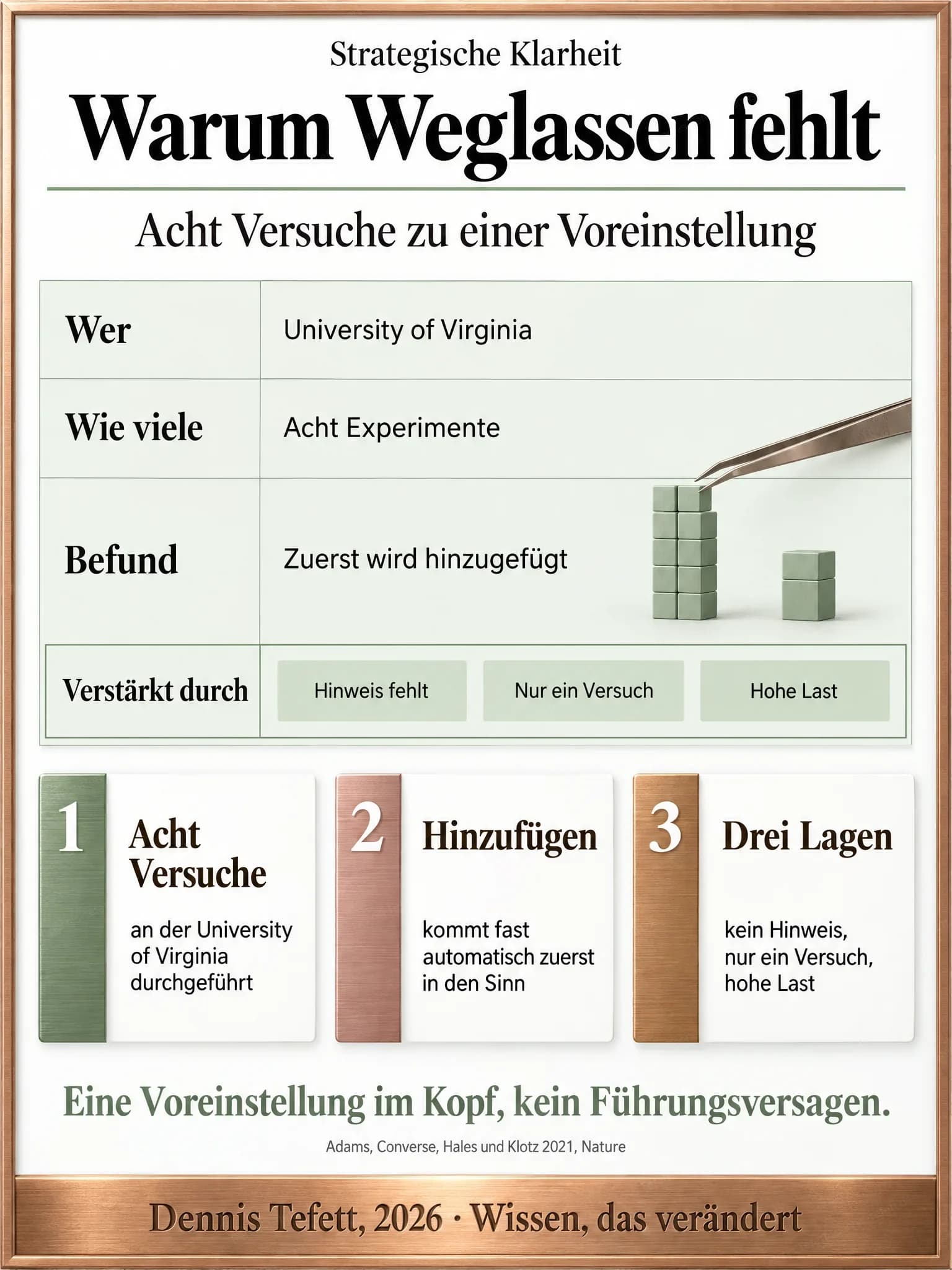 Infografik: Ein Steckbrief in vier Zeilen. Die letzte Zeile zeigt drei Kacheln für die drei Bedingungen, in der Befundzeile stehen hell zwei Klotztürme von sehr verschiedener Höhe.