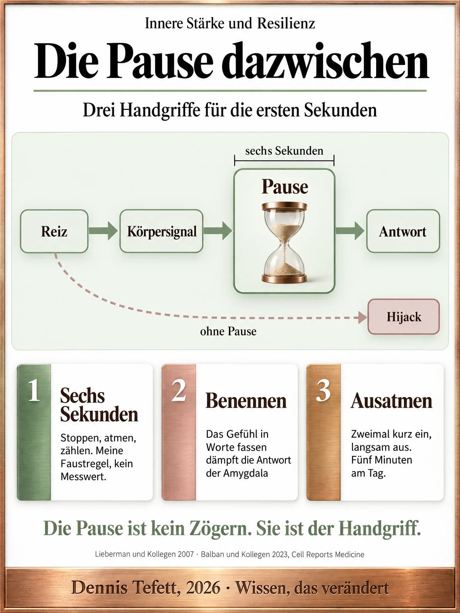 Informationsplakat: Ein Ablauf aus vier Stationen, Reiz, Körpersignal, Pause und Antwort. Die Station Pause ist die größte und trägt eine Sanduhr. Ein gestrichelter Pfeil umgeht sie und endet bei Hijack.