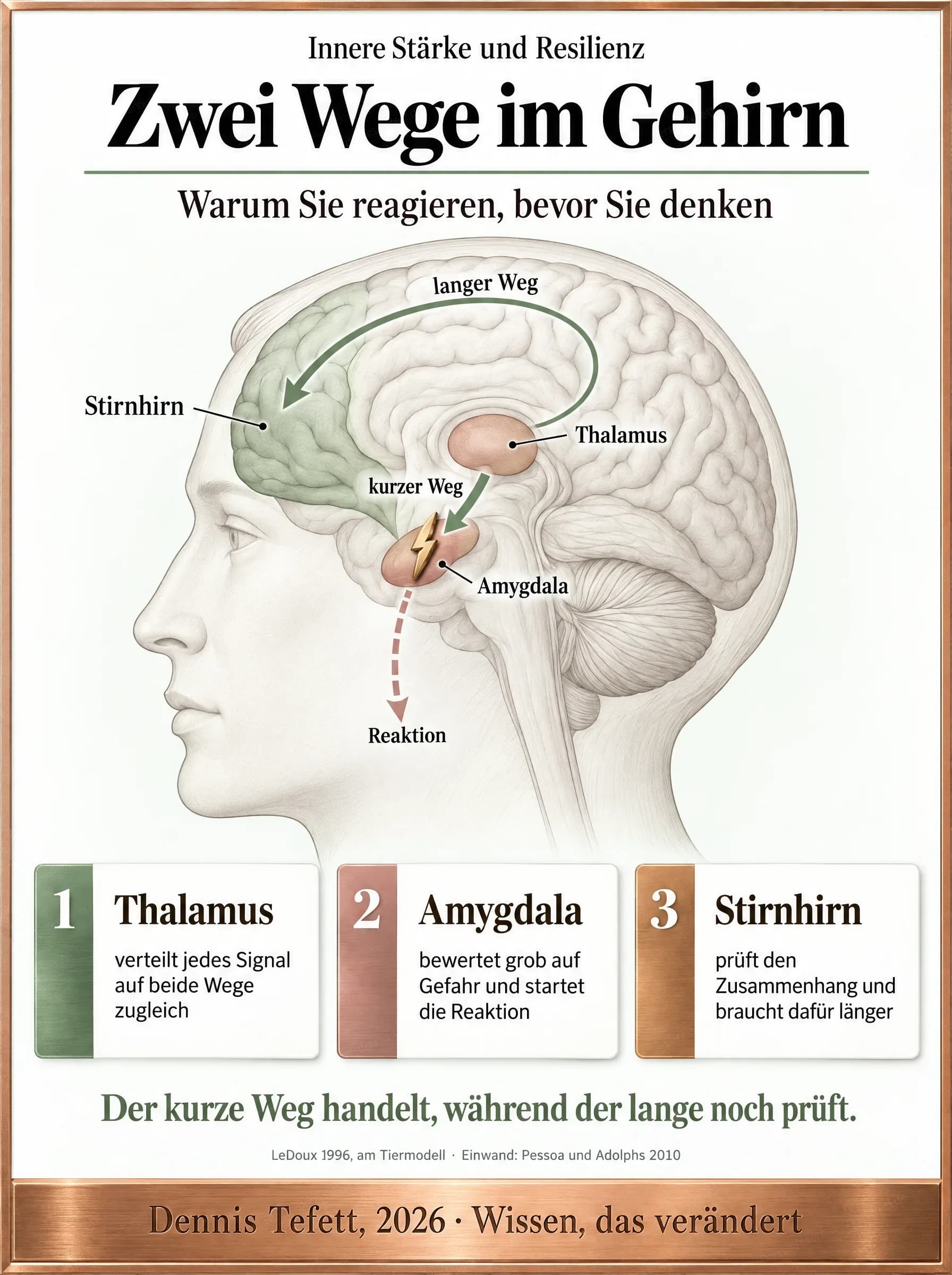 Informationsplakat: Seitenansicht eines Kopfes mit dem Gehirn im Umriss. Markiert sind Thalamus, Amygdala und Stirnhirn. Ein kurzer Pfeil führt vom Thalamus direkt zur Amygdala, ein langer gebogener Pfeil über die Hirnrinde zum Stirnhirn.