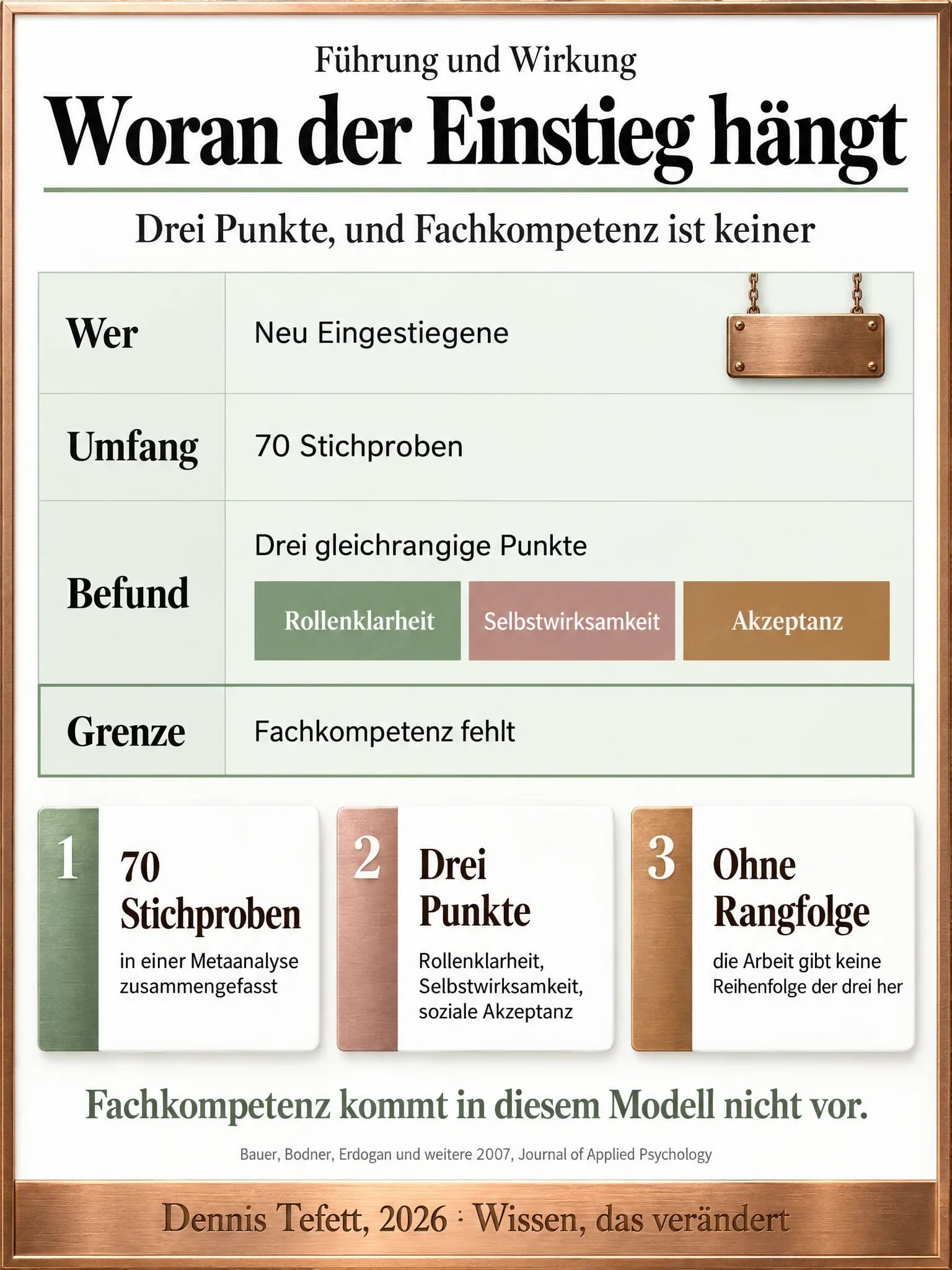 Infografik: Ein Steckbrief in vier Zeilen. In der Befundzeile stehen drei gleich große Kacheln für Rollenklarheit, Selbstwirksamkeit und Akzeptanz, die Grenzzeile ist umrandet.