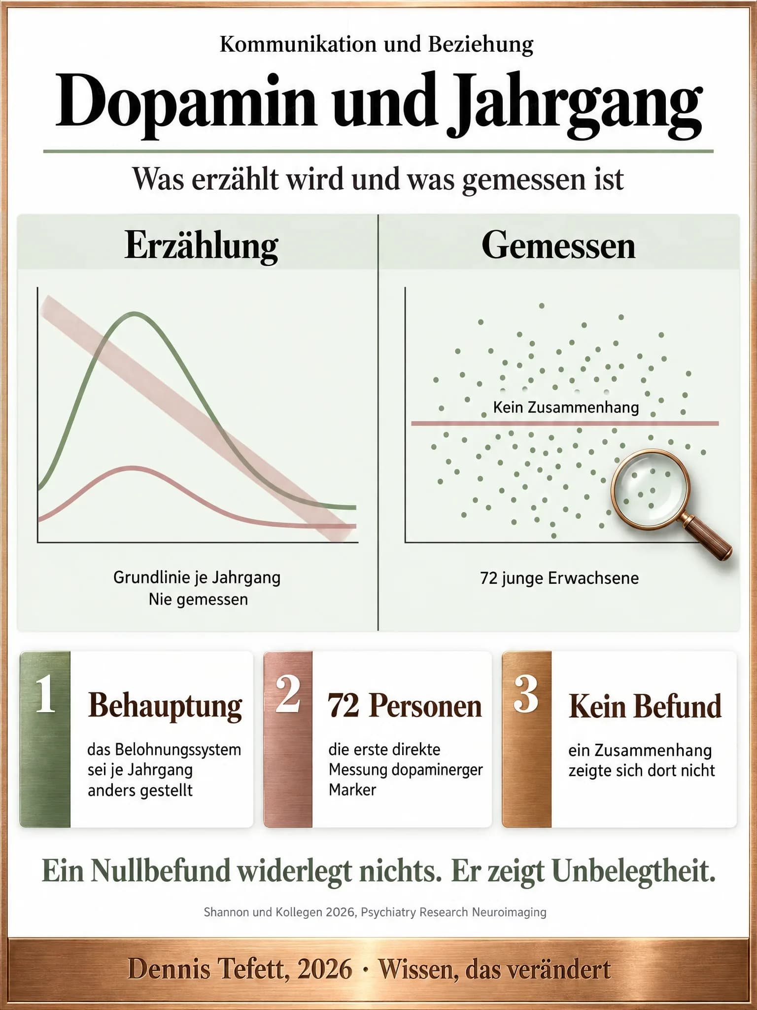 Infografik: Links zwei durchgestrichene Kurven als Bild der Erzählung, rechts eine Punktwolke ohne Steigung mit flacher Trendlinie als Bild der Messung.