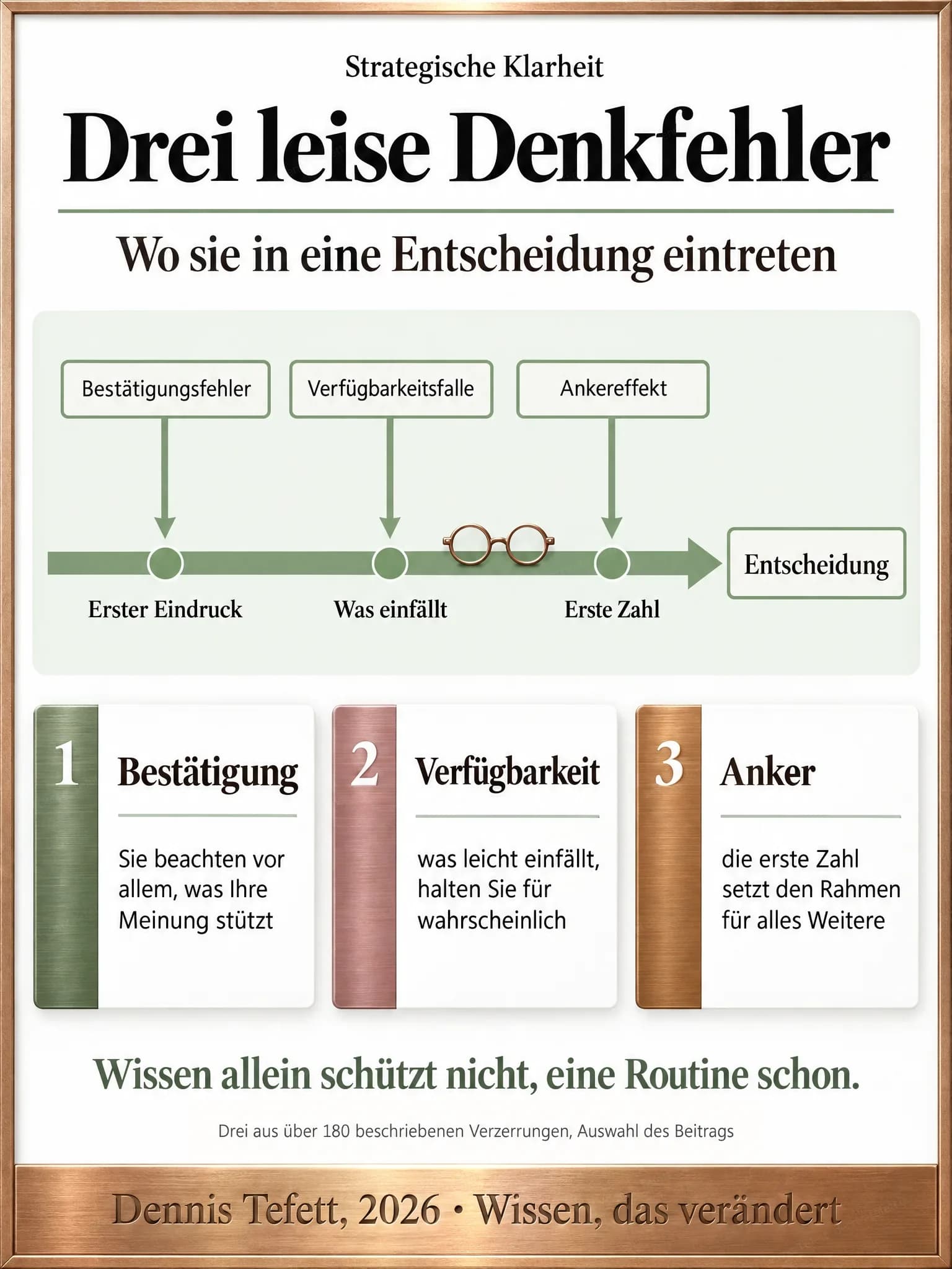 Infografik: Ein gerader Weg zur Entscheidung mit drei Stationen, erster Eindruck, was einfällt und erste Zahl. Von oben tritt an jeder ein Pfeil ein, Bestätigungsfehler, Verfügbarkeitsfalle und Ankereffekt.