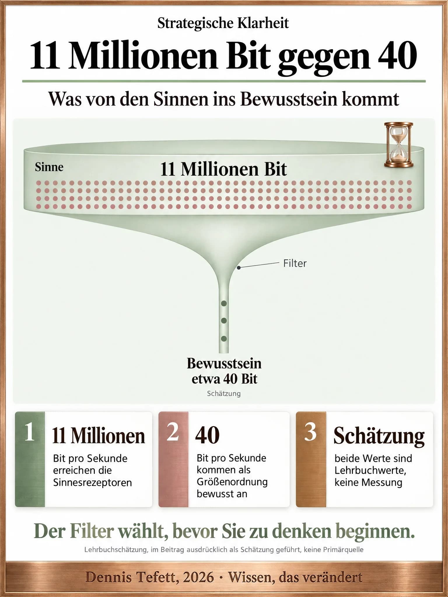 Infografik: Ein Trichter von den Sinnen mit 11 Millionen Bit über einen Filter bis ins Bewusstsein mit etwa 40 Bit. Oben viele Punkte, unten nur drei. Darunter der Hinweis Schätzung.