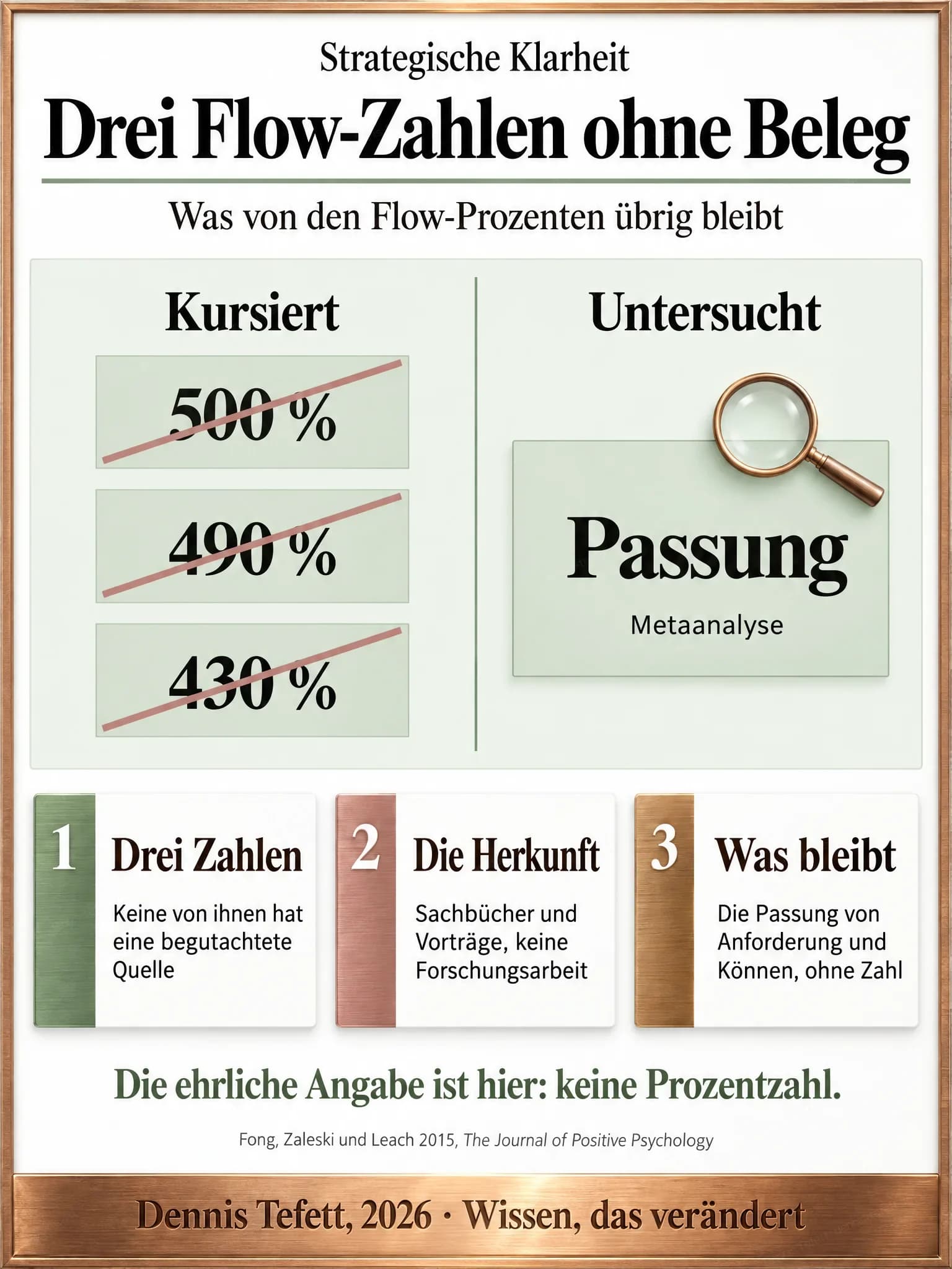 Informationsplakat: Zwei Hälften. Links drei durchgestrichene Zahlen, 500, 490 und 430 Prozent, unter dem Wort Kursiert. Rechts unter Untersucht eine größere Tafel mit dem Wort Passung und dem Hinweis Metaanalyse.