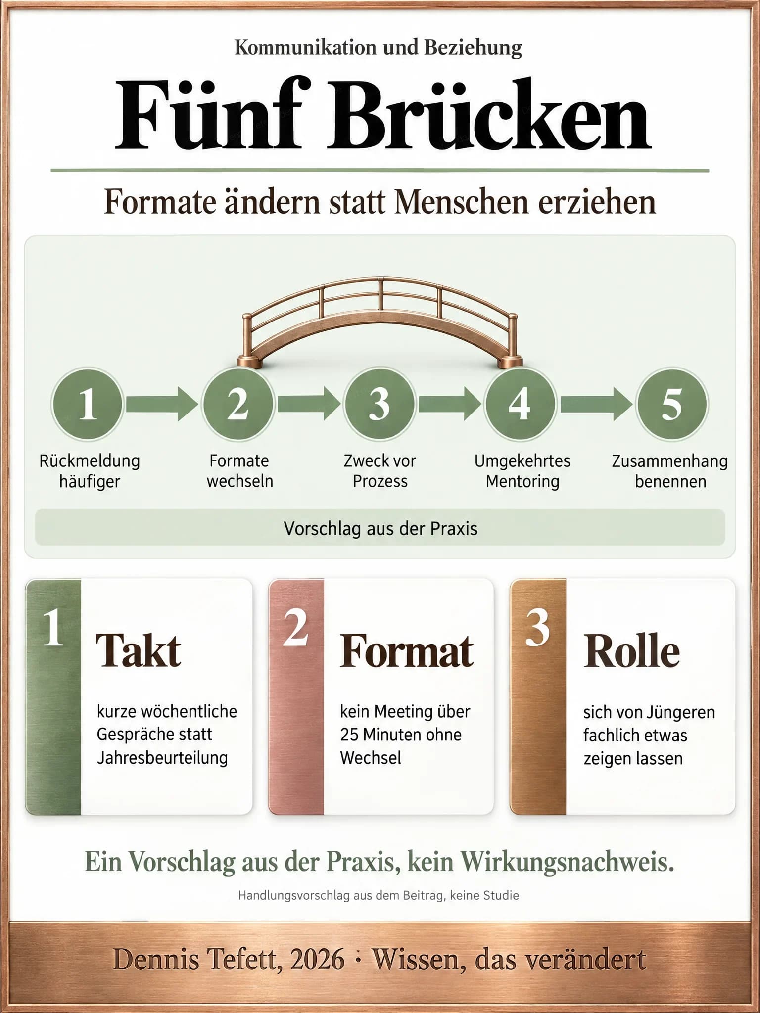 Infografik: Fünf nummerierte Stationen in einer Reihe mit vier Pfeilen, darüber eine kleine Brücke, darunter der Hinweis Vorschlag aus der Praxis. Die Stationen tragen die fünf Brücken des Beitrags.