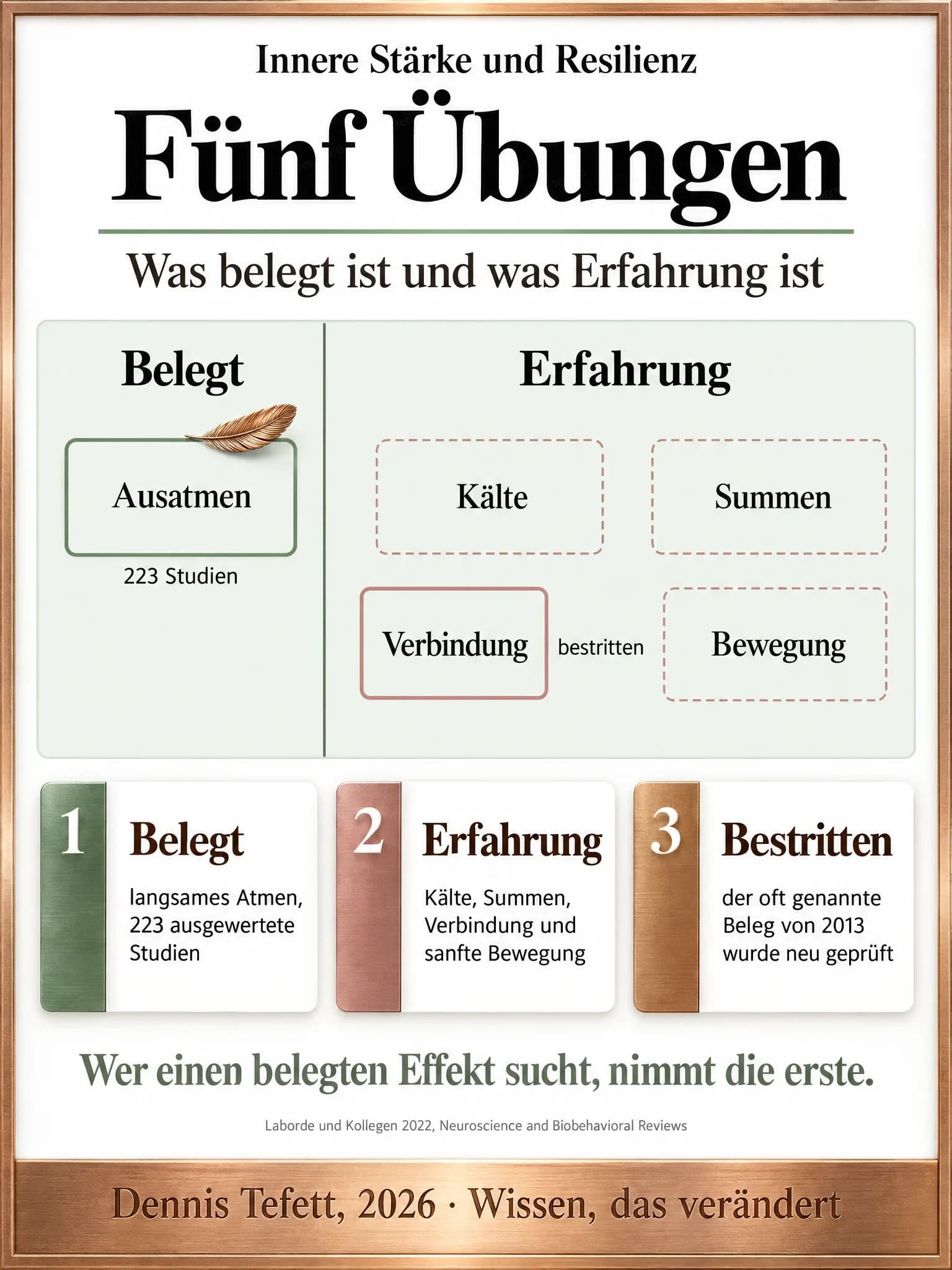 Infografik: Links unter Belegt eine Kachel Ausatmen mit 223 Studien. Rechts unter Erfahrung vier gestrichelte Kacheln, Kälte, Summen, Verbindung und Bewegung, davon Verbindung als bestritten markiert.