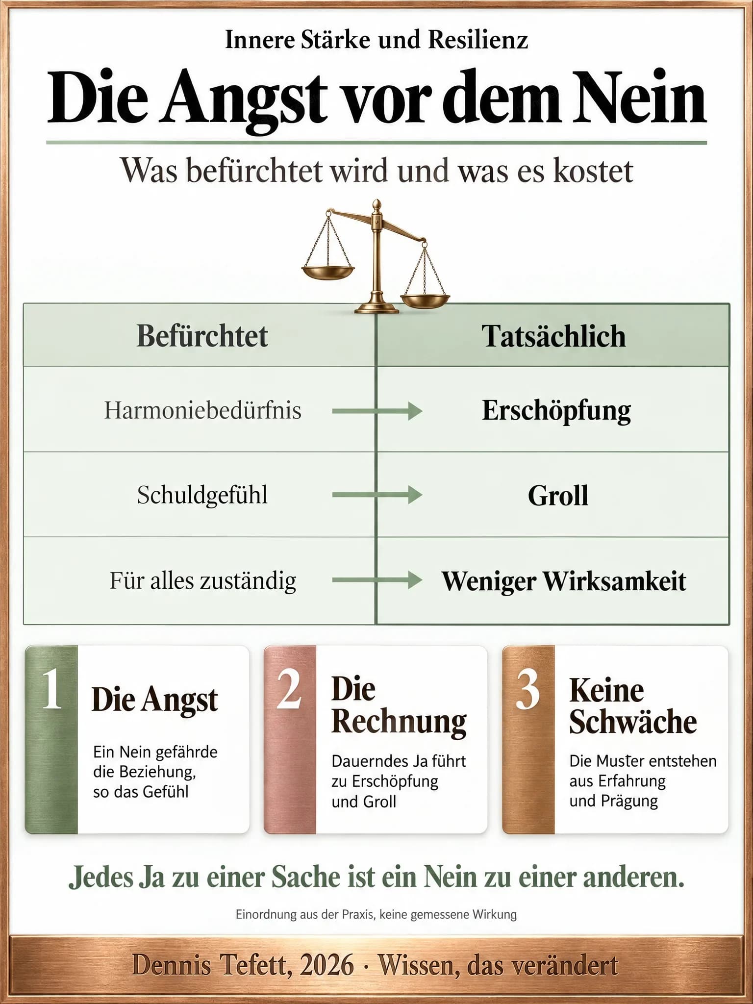 Plakat: Zwei Spalten im Vergleich. Links unter befürchtet Harmoniebedürfnis, Schuldgefühl und das Gefühl, für alles zuständig zu sein, rechts unter tatsächlich Erschöpfung, Groll und weniger Wirksamkeit. Drei Pfeile verbinden die Zeilen, oben eine Waage, deren rechte Schale tiefer hängt.