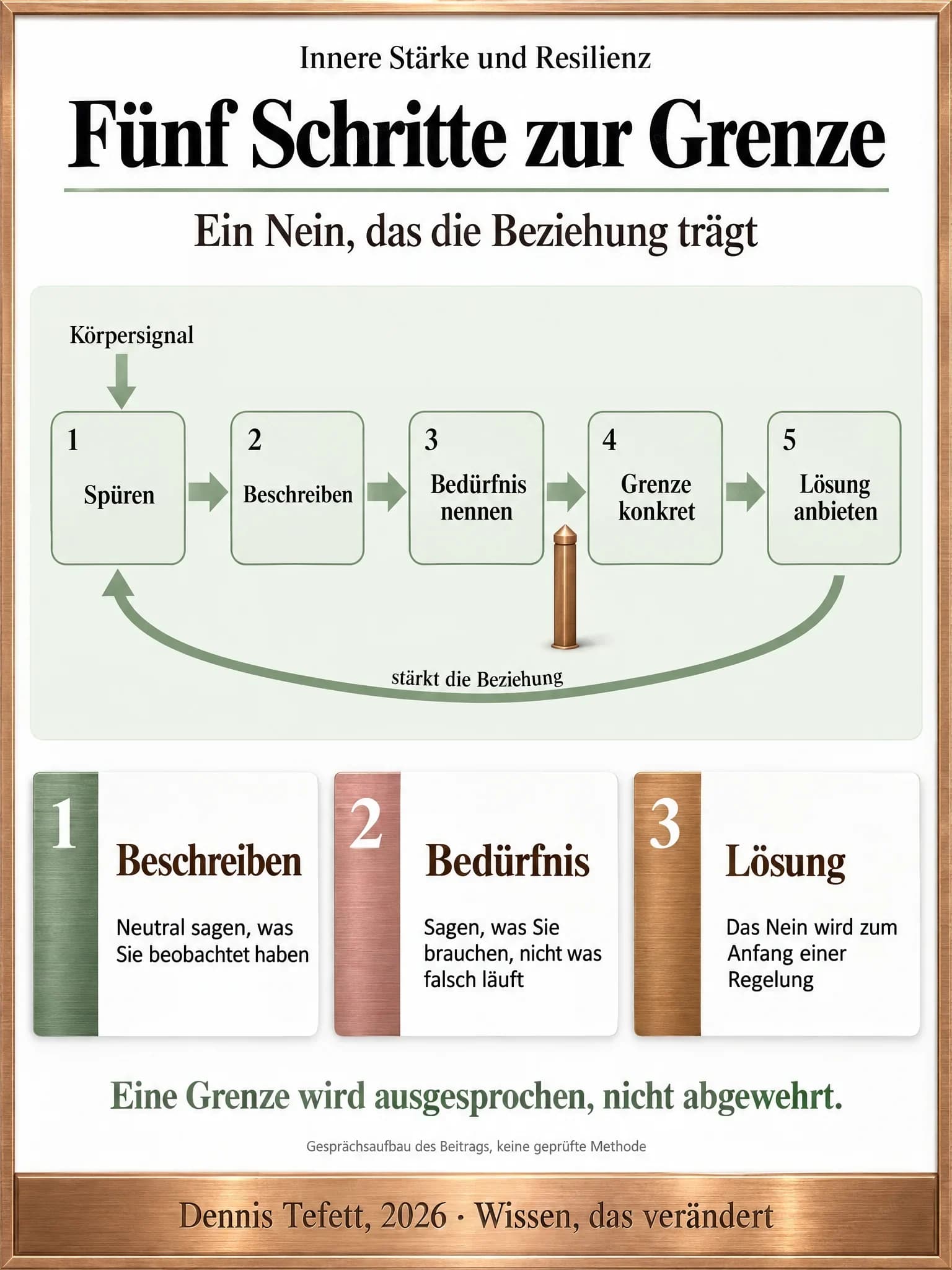 Plakat: Fünf nummerierte Stationen von Spüren über Beschreiben, Bedürfnis nennen und Grenze konkret bis Lösung anbieten, darunter ein Rückkopplungspfeil mit den Worten stärkt die Beziehung.