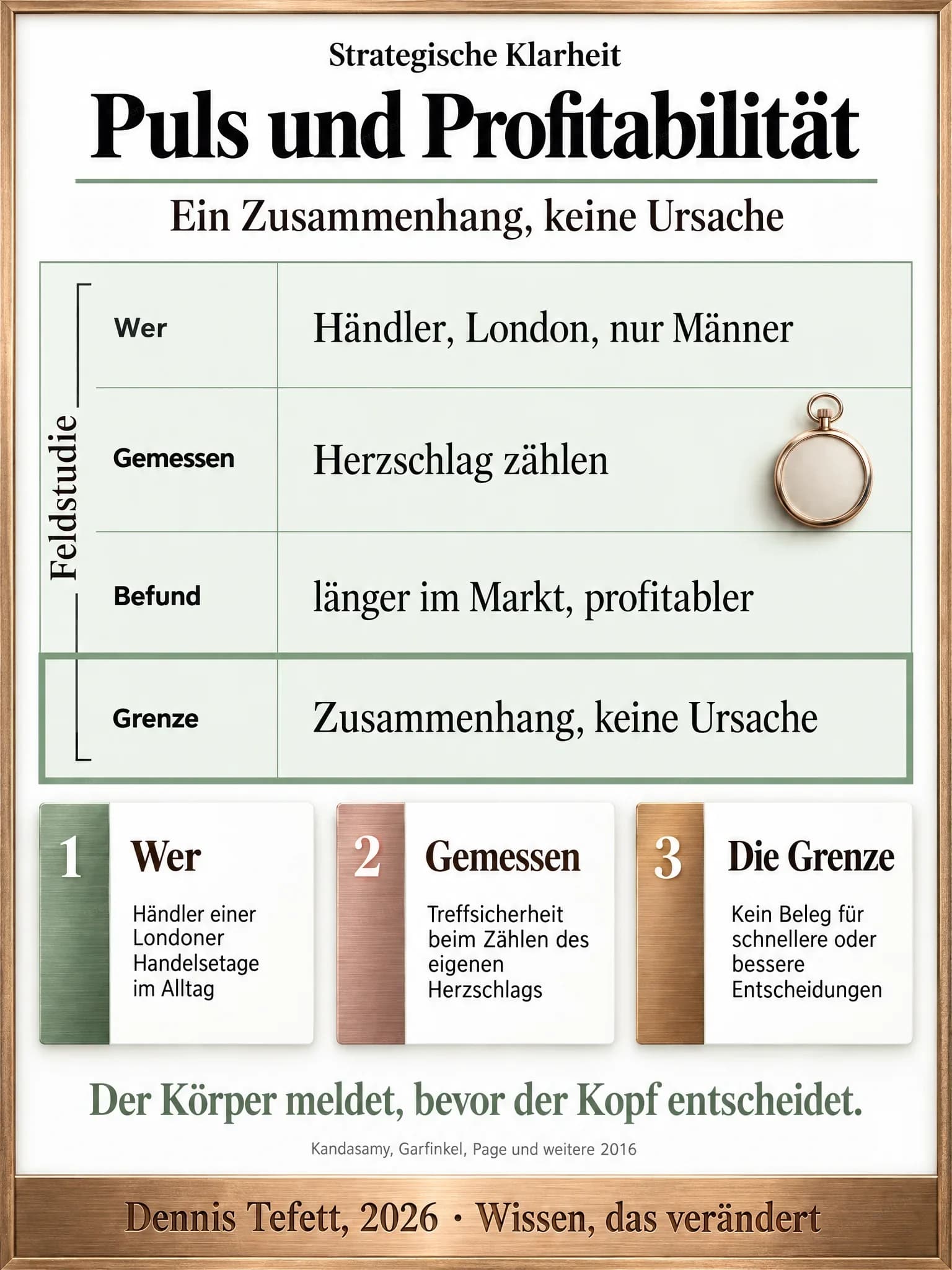 Studiensteckbrief in vier Feldern: Händler einer Londoner Handelsetage, Zählen des eigenen Herzschlags, längeres Bleiben und höhere Profitabilität, dazu der Vorbehalt Zusammenhang statt Ursache.