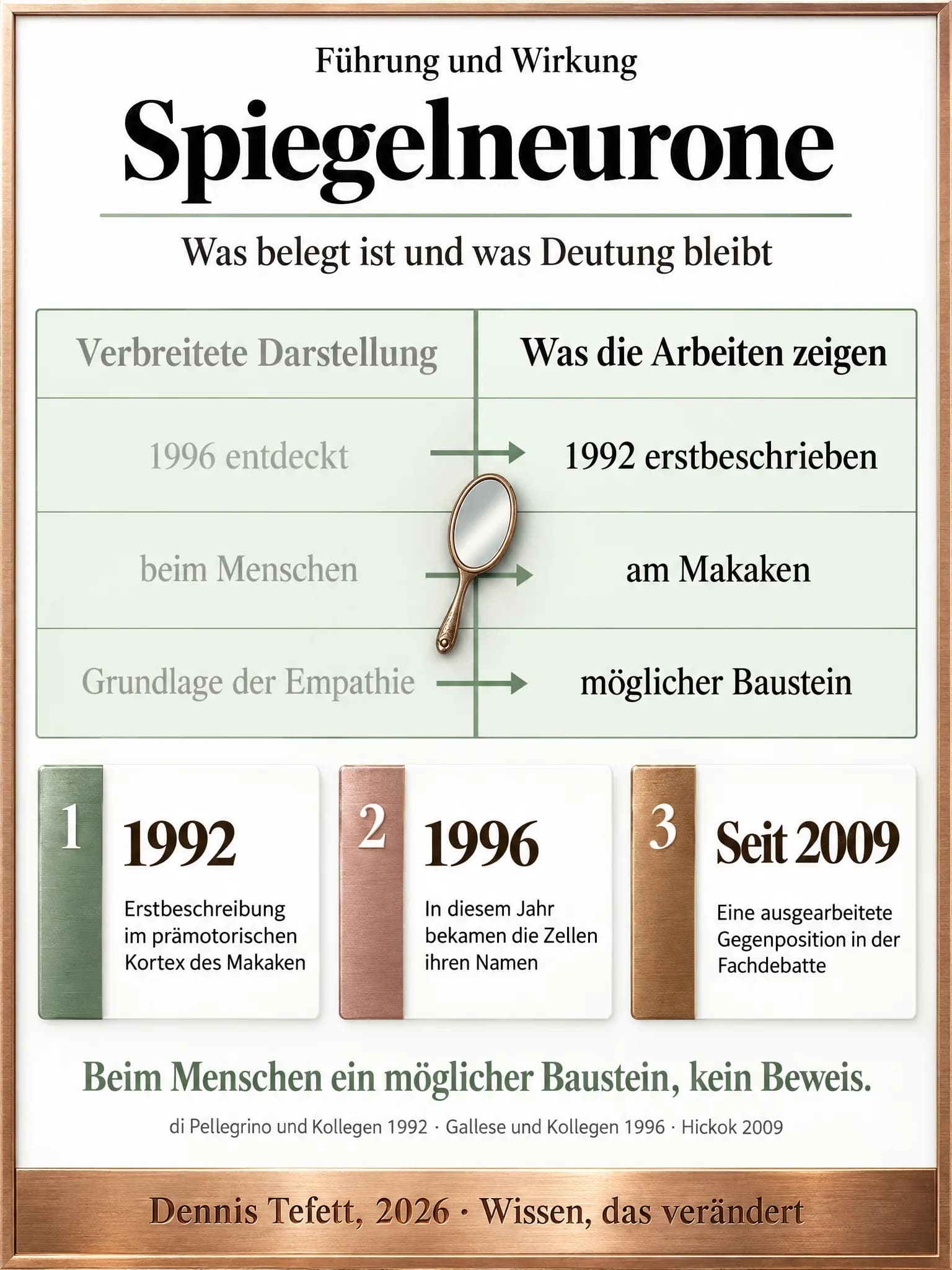 Infografik: Zwei Spalten im Vergleich. Links die verbreitete Darstellung mit 1996 entdeckt, beim Menschen und Grundlage der Empathie, rechts der Befund mit 1992 erstbeschrieben, am Makaken und möglicher Baustein.