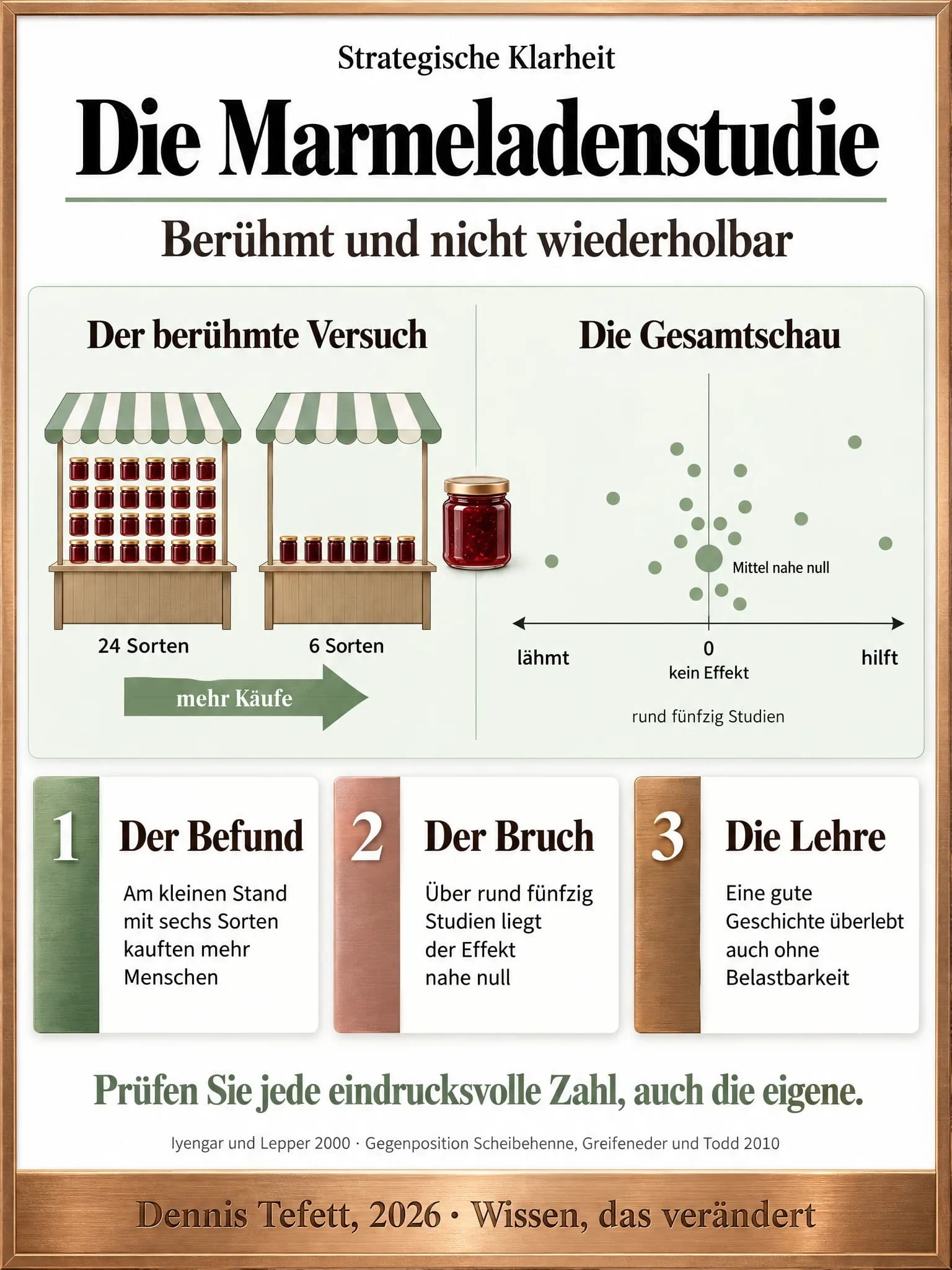 Vergleich: links ein Stand mit 24 und einer mit 6 Sorten und mehr Käufen beim kleinen, rechts eine Achse um den Nullpunkt mit gestreuten Studienpunkten und einem Mittelwert bei null.