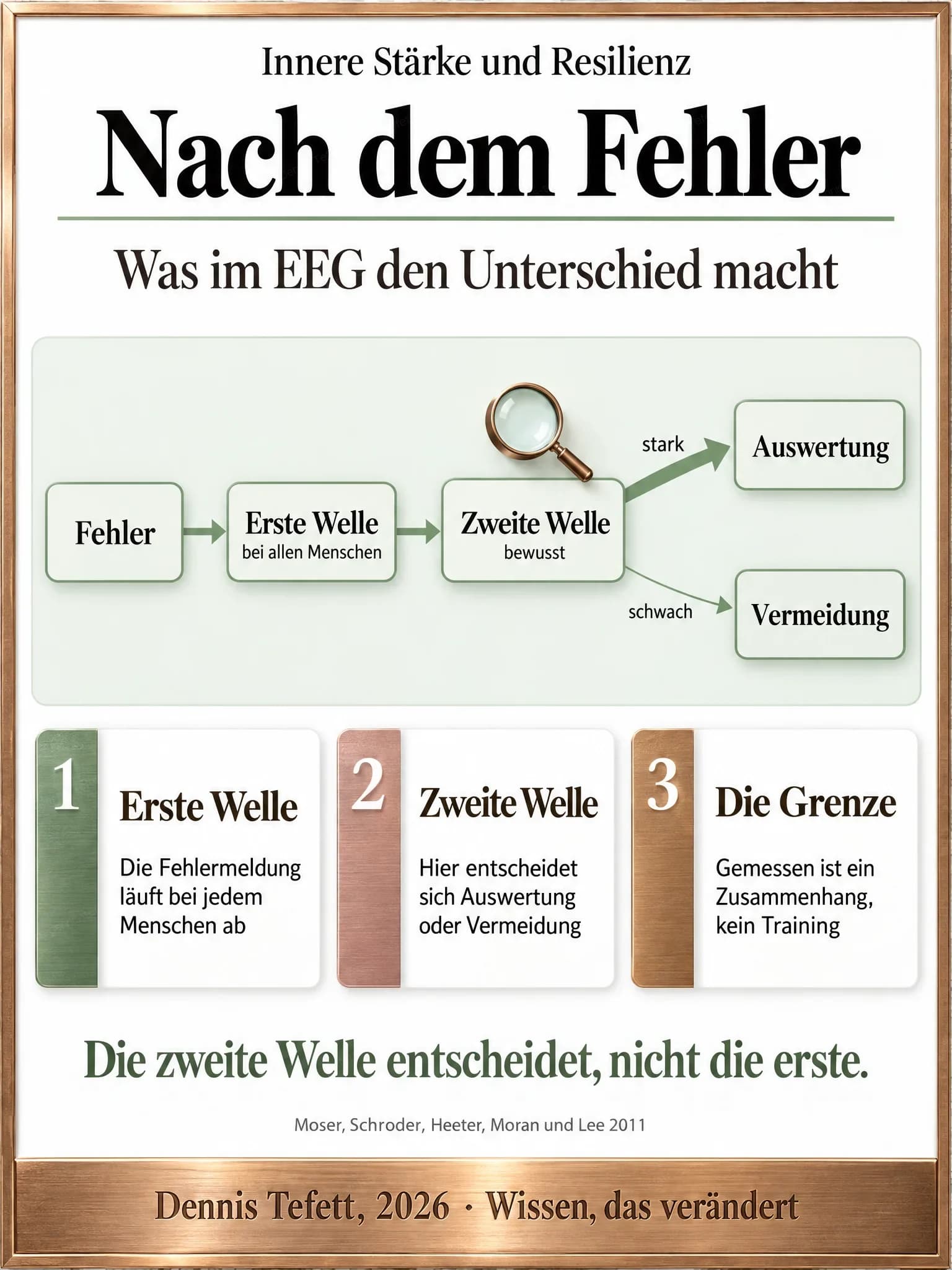 Ablaufgrafik: Nach dem Fehler folgen zwei Wellen, die zweite gabelt sich in einen starken Weg mit genauerer Leistung danach und einen schwachen Weg mit Rückzug. Darüber eine Lupe.