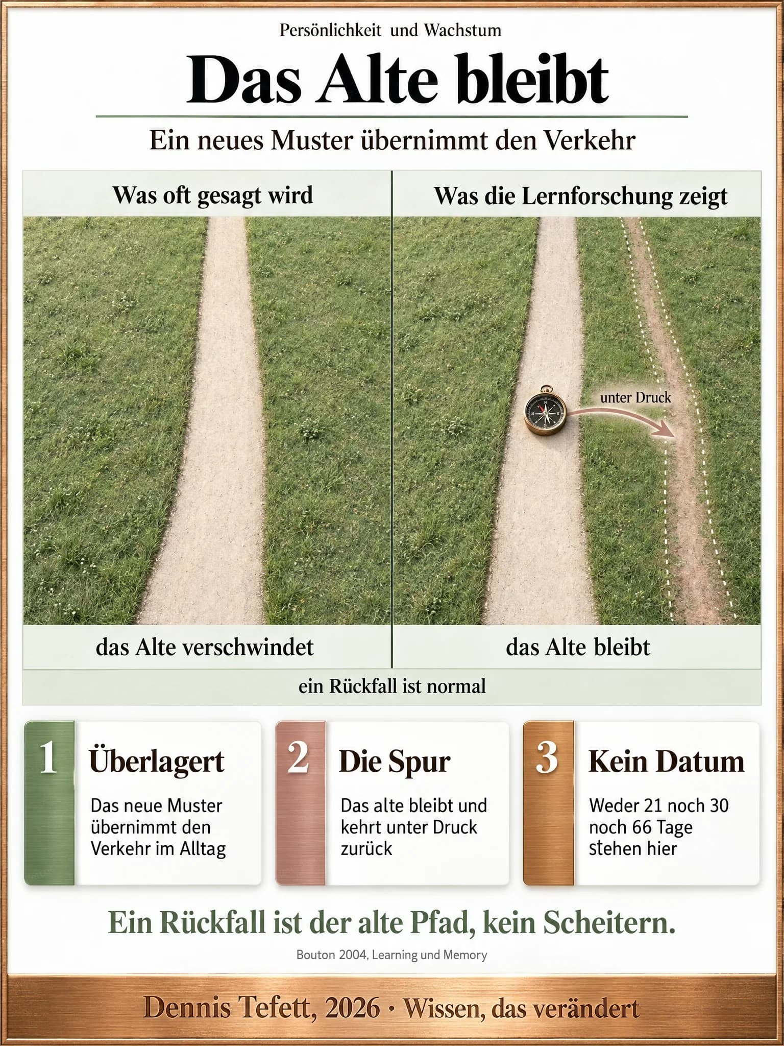 Informationsplakat: Zwei Hälften mit Blick von oben auf denselben Boden. Links führt nur ein breiter Weg hindurch, rechts laufen ein breiter Weg und daneben ein feiner gepunkteter Trampelpfad. Ein Pfeil mit den Worten unter Druck biegt vom breiten Weg auf den alten ab.