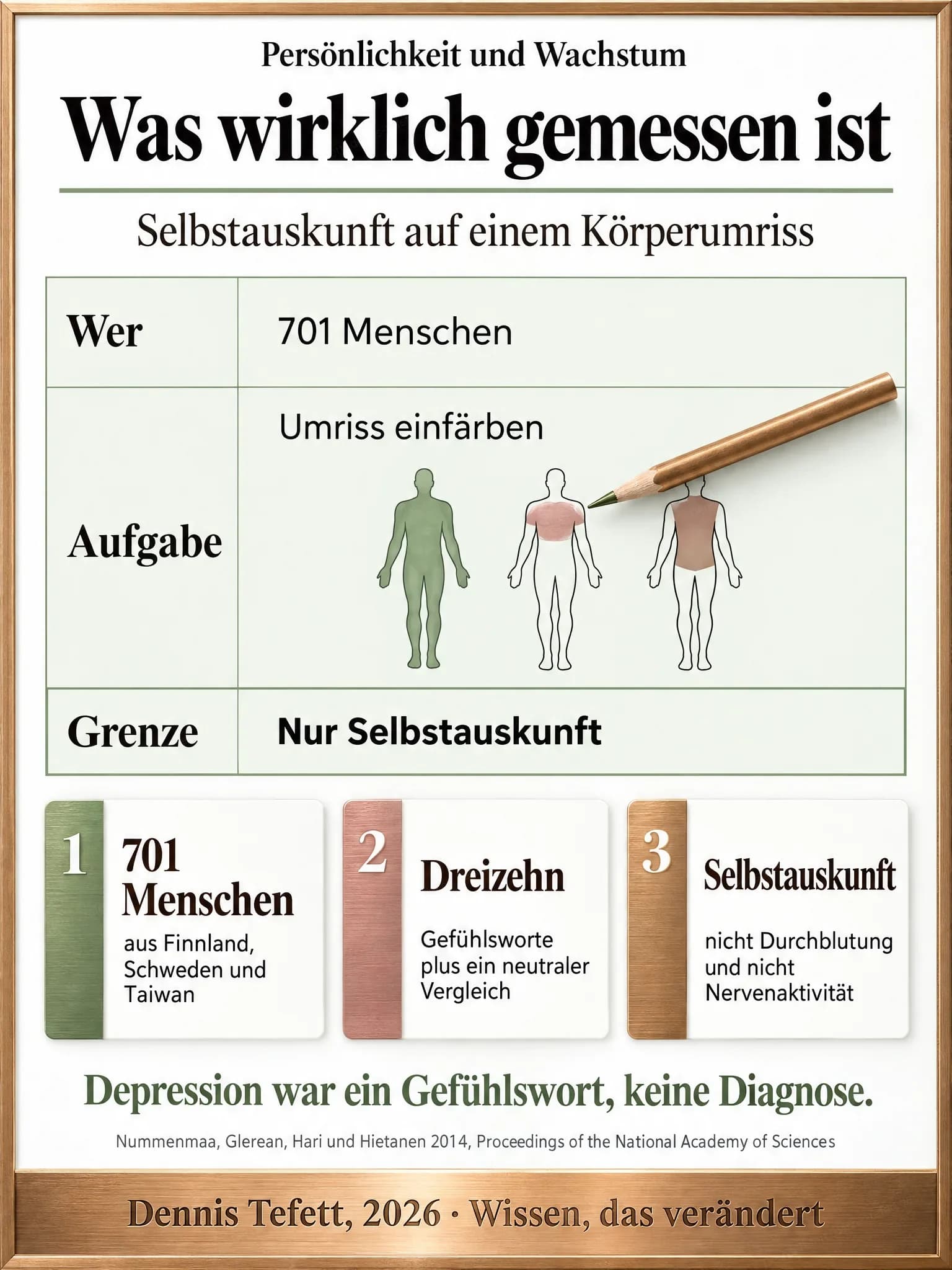 Infografik: Ein Steckbrief in drei Zeilen: 701 Menschen, Aufgabe Umriss einfärben, Grenze nur Selbstauskunft. In der Aufgabenzeile stehen hell drei verschieden gefüllte Körperumrisse.