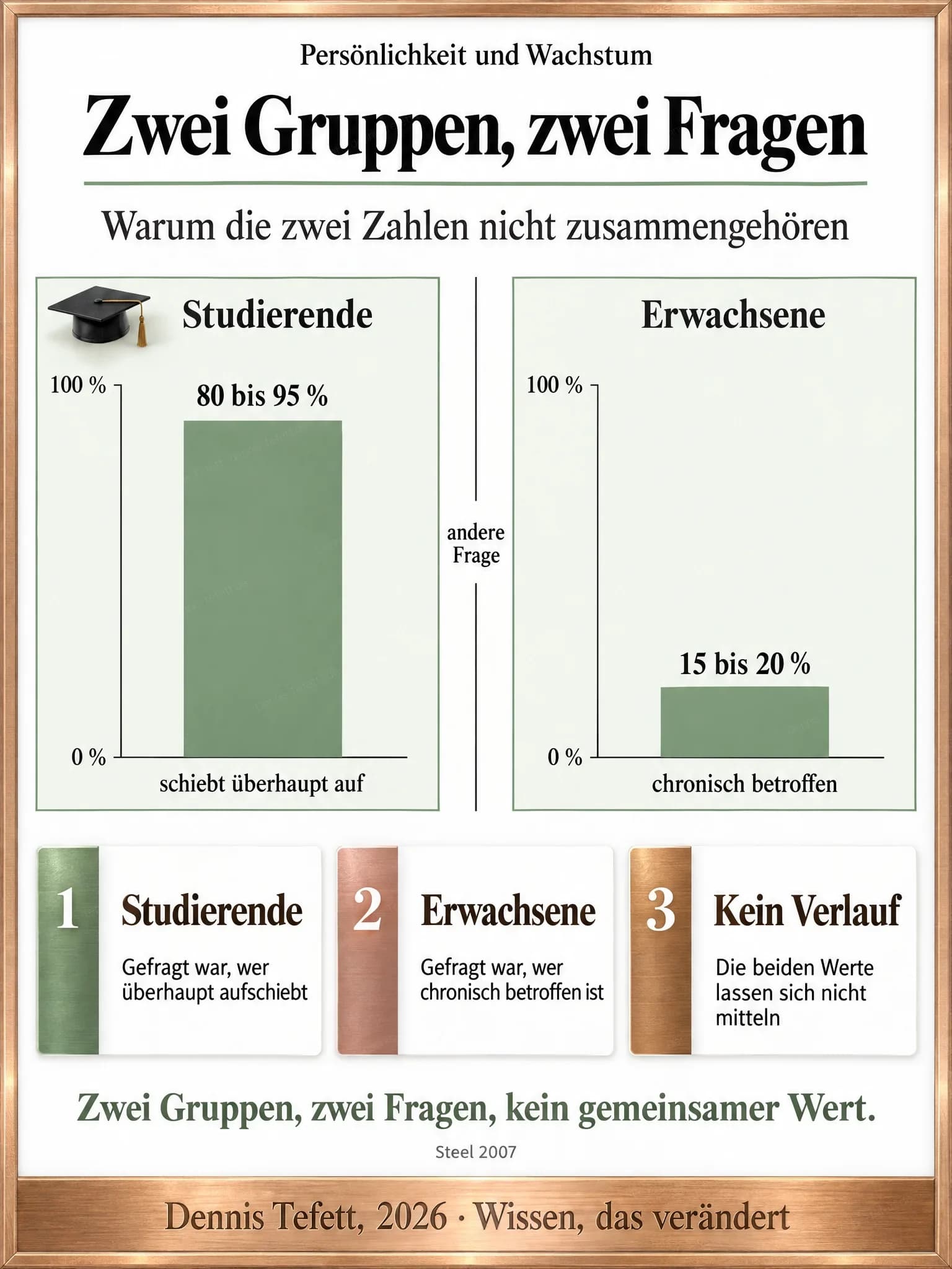 Plakat: Zwei getrennte kleine Balkendiagramme zeigen zwei getrennte Werte: 80 bis 95 Prozent der Studierenden schieben überhaupt auf, 15 bis 20 Prozent der Erwachsenen sind chronisch betroffen.