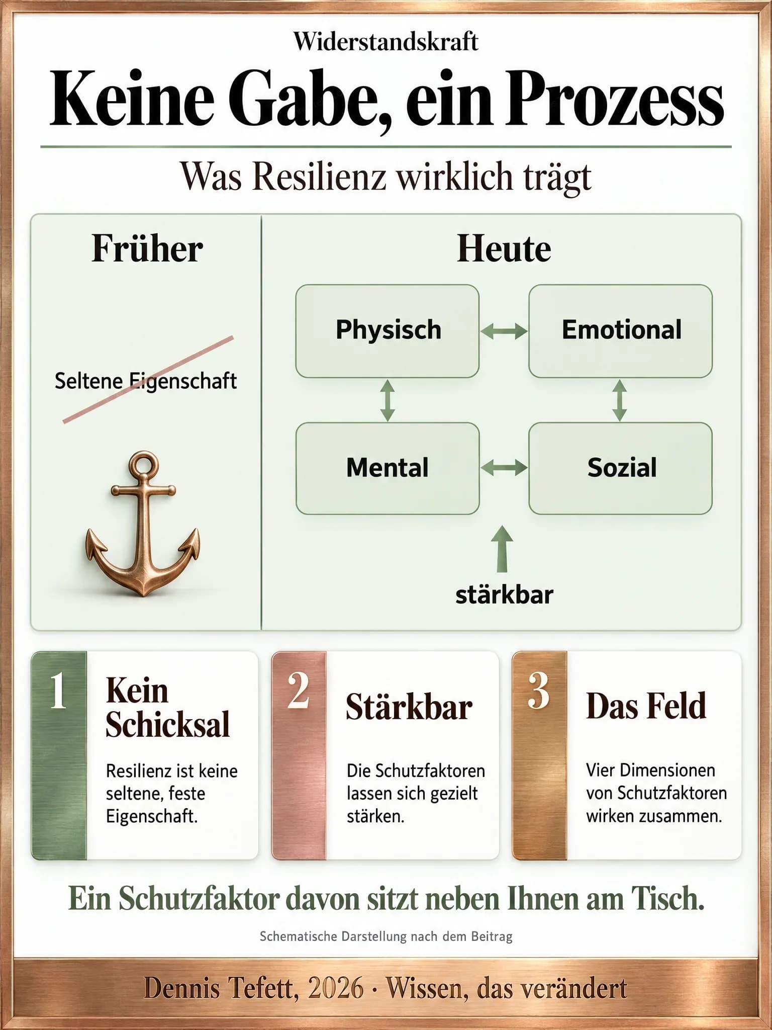 Infografik: Links unter Früher die durchgestrichene Zeile seltene Eigenschaft. Rechts unter Heute vier verbundene Blöcke, physisch, emotional, mental und sozial, mit dem Hinweis stärkbar.