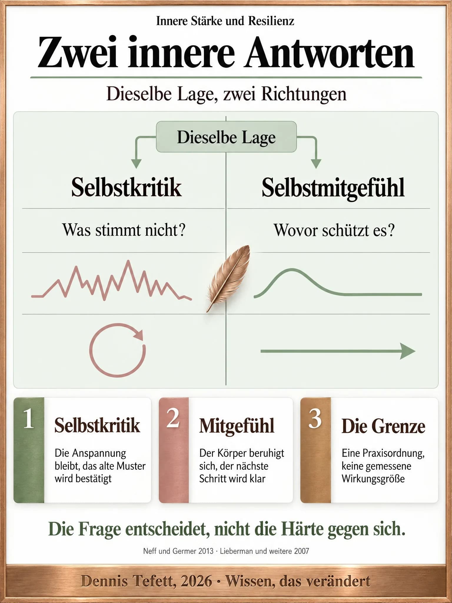 Vergleichsgrafik: Aus derselben Lage führen zwei Spalten. Selbstkritik fragt was stimmt nicht, mit Alarmzacken und einer Schleife. Selbstmitgefühl fragt wovor schützt es, mit abflachender Welle und einem Pfeil nach vorn.