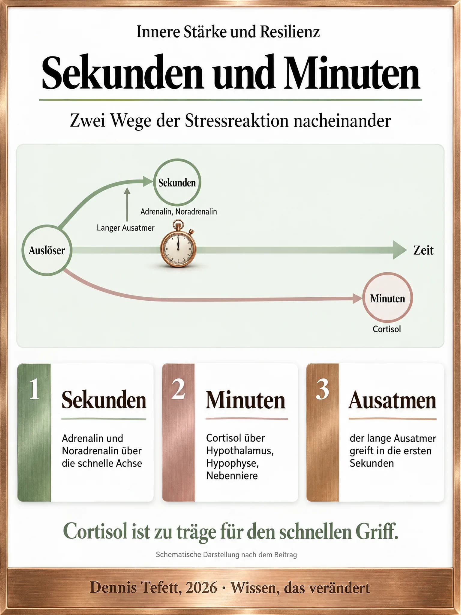 Infografik: Vom Auslöser gehen zwei Wege aus. Der obere endet schon nach Sekunden bei Adrenalin und Noradrenalin, der untere erst nach Minuten bei Cortisol. Am oberen Weg greift der lange Ausatmer.