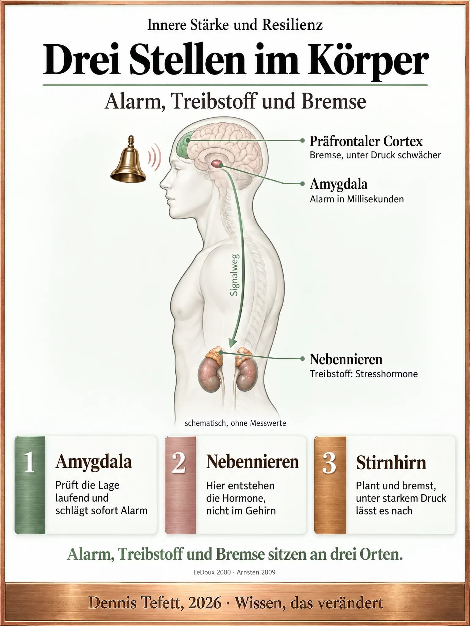 Körperkarte in Seitenansicht mit drei beschrifteten Stellen: Amygdala tief im Kopf, präfrontaler Cortex an der Stirn und die Nebennieren auf den Nieren, verbunden durch einen Signalweg.